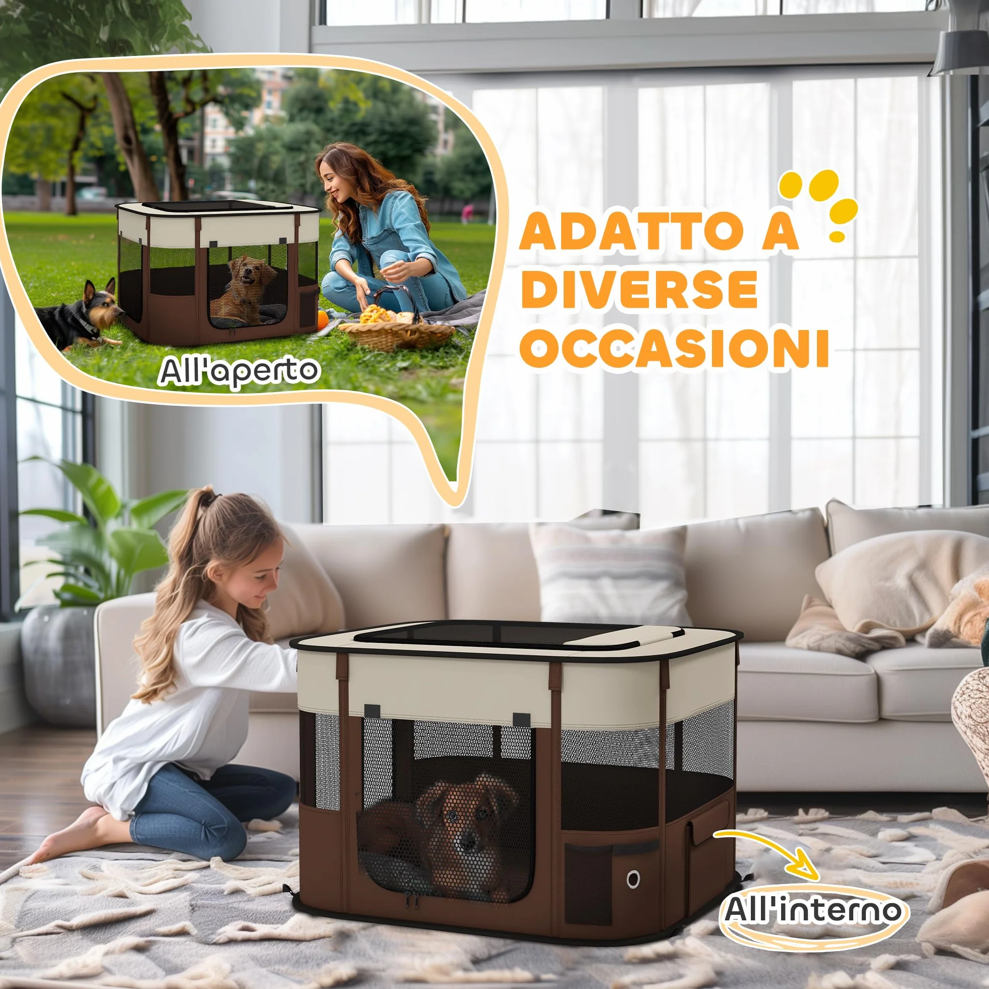 PawHut Box per Animali Domestici 6 Finestre 3 Porte 2 Borse Portaoggetti Recinto per Cani Tessuto Oxford Acciaio 74x60x45 cm Marrone