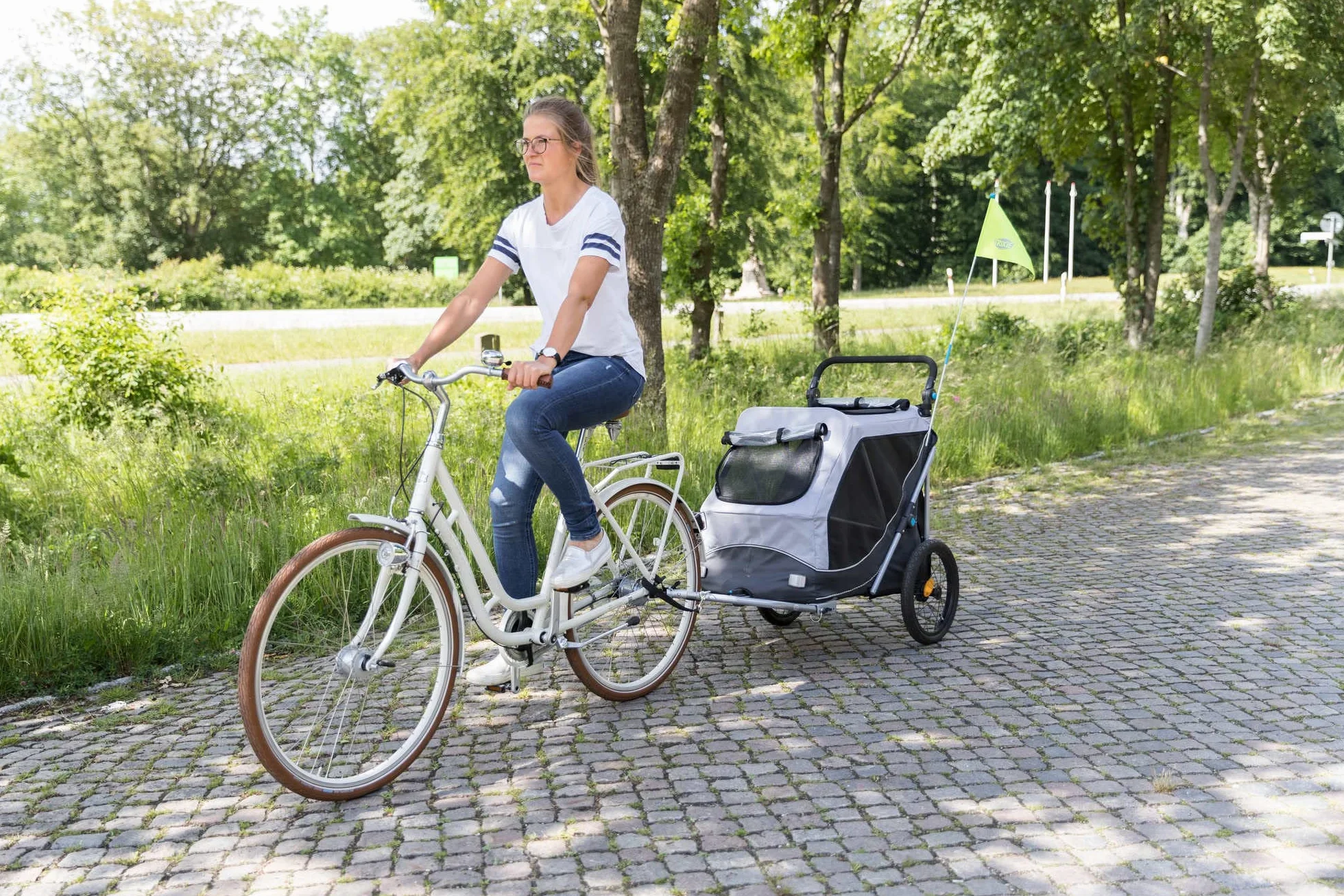 Trixie rimorchio Bici per Cani – Fino a 22 kg – 46 × 50 × 67 cm – rimorchio Pieghevole & Riflettente con guinzaglio di Sicurezza, Cuscino Integrato & Copertura Meteo