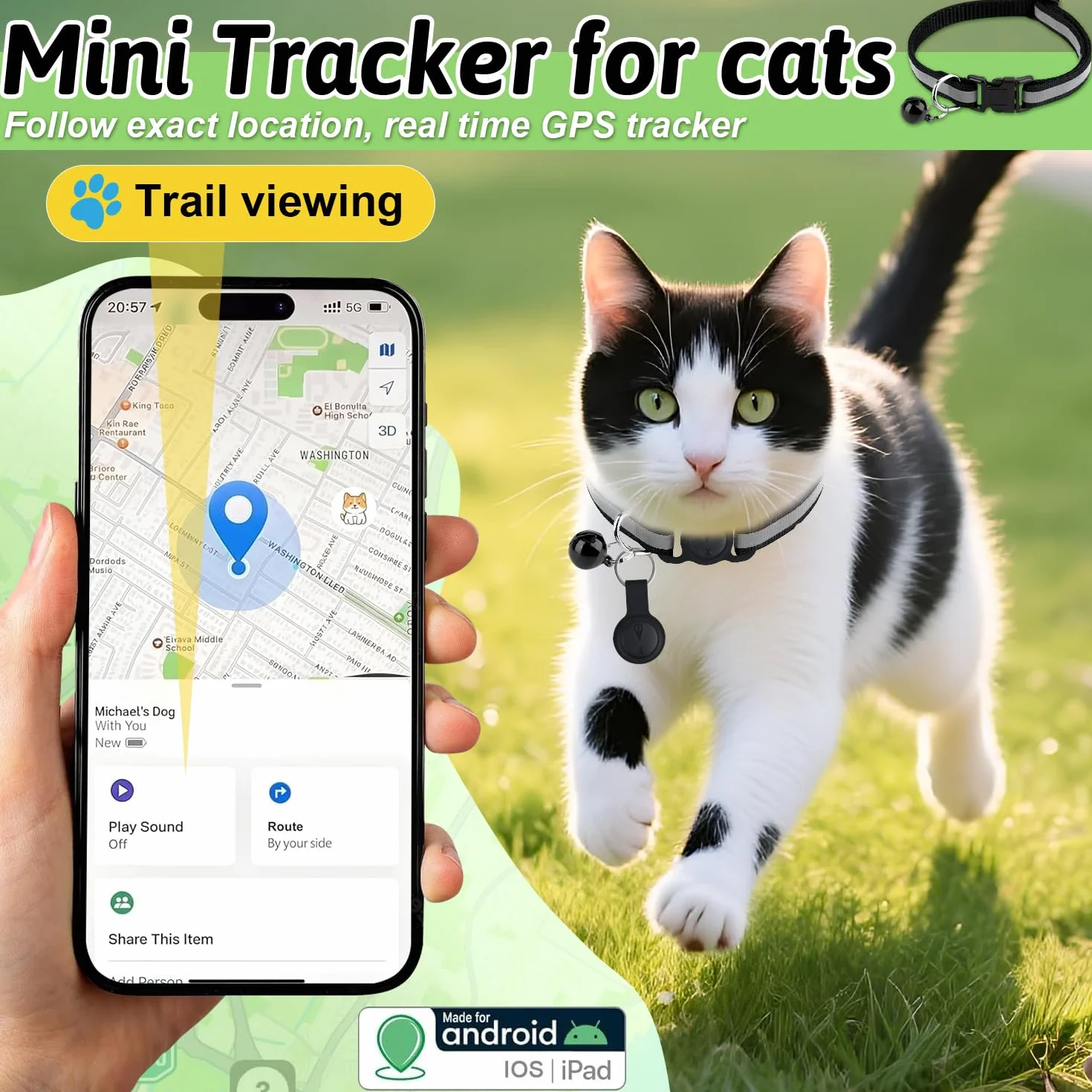 Collare GPS per Gatti, Localizzatore per Cani senza Abbonamento, Compatibile con iOS e Android, Tracciamento in Tempo Reale, Impermeabile IP67 con Lunga Durata della Batteria