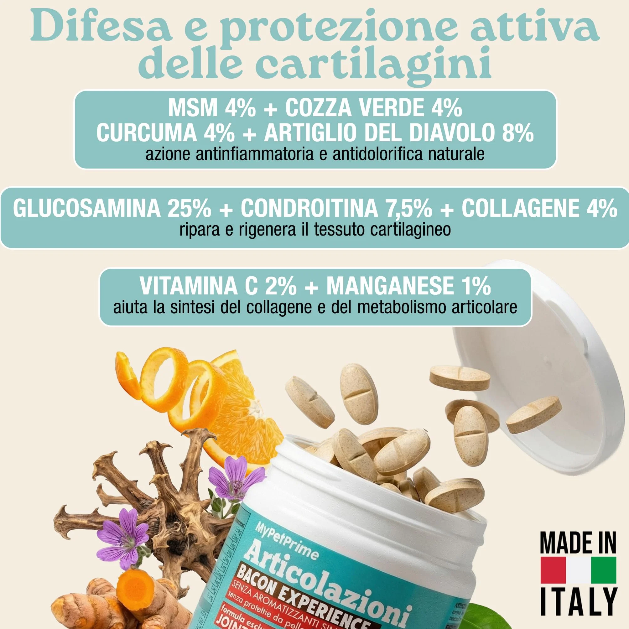 MyPetPrime Articolazioni Cane Mangime Complementare 125 Compresse | Nuova Formula JointSupport con MSM, Polvere di Cozza Verde, Glucosamina, Condroitina e Artiglio del Diavolo