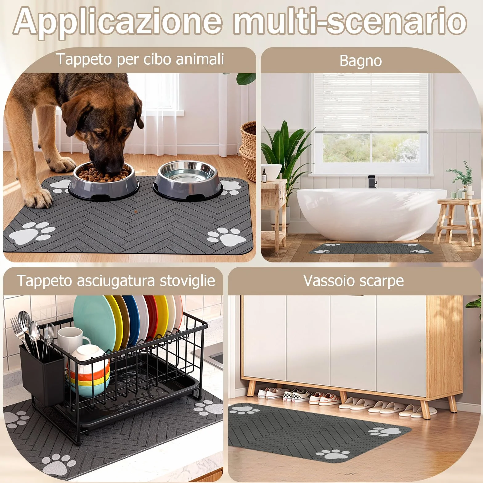 Tappetino Assorbente per Cani e Gatti, Tappetini di Alimentazione, Antiscivolo e Lavabile, Asciugatura Rapida in Diatomea, Tovaglietta per Ciotole di Animali Domestici, Grigio Scuro, 30 x 50 cm