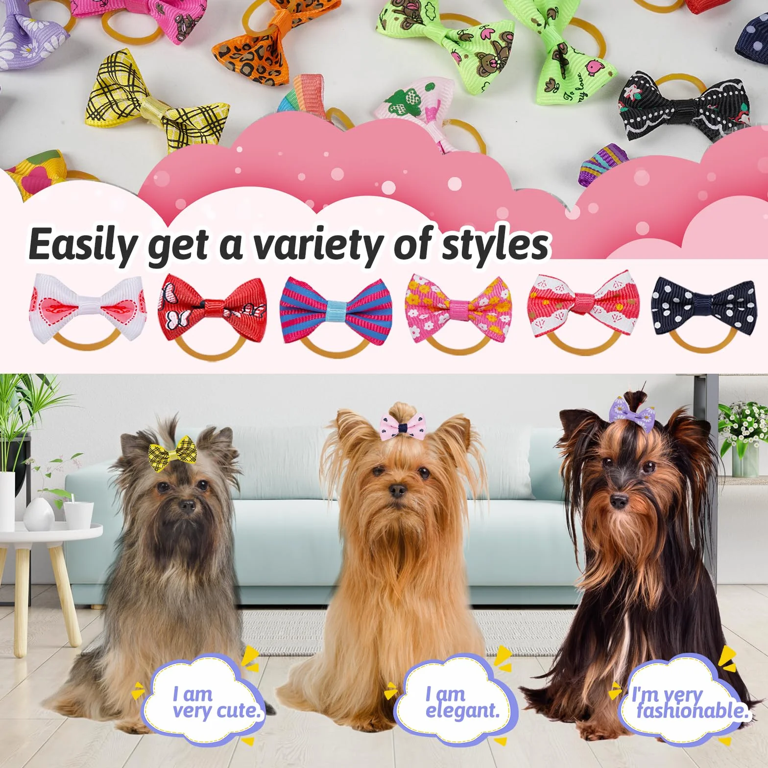 Chenkou Craft Fiocchi per capelli per cani con elastico, diversi motivi, 50 pezzi/25 paia