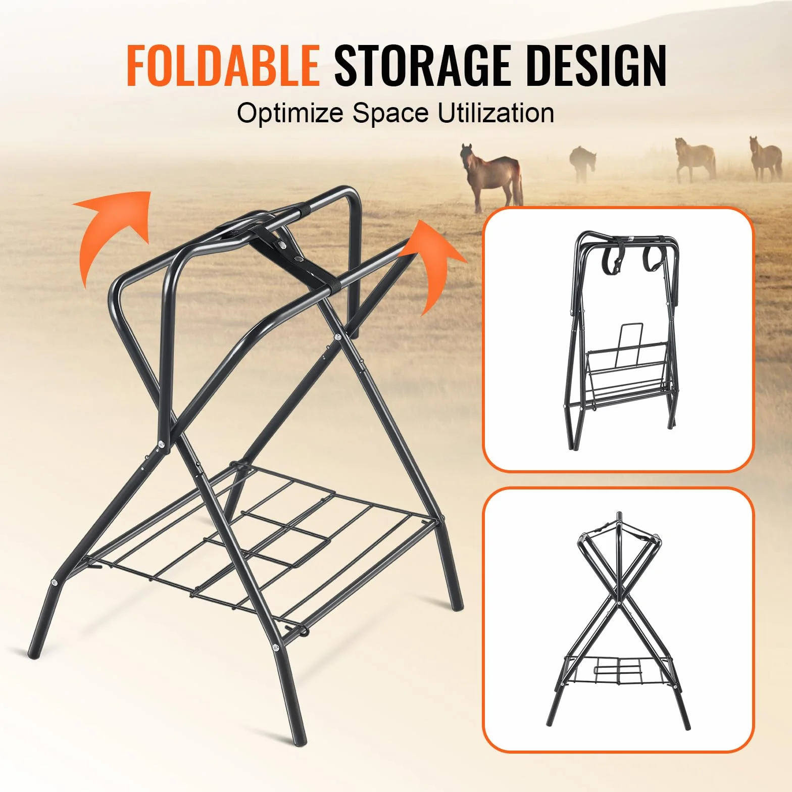 VEVOR Supporto per Sella Pieghevole, Supporto per Sella per Cavallo Indipendente in Acciaio, Supporto per Coperta per Selle Inglesi e Western, Deposito per Finimenti, 2 Pezzi Nero 711 x 482 x 952 mm