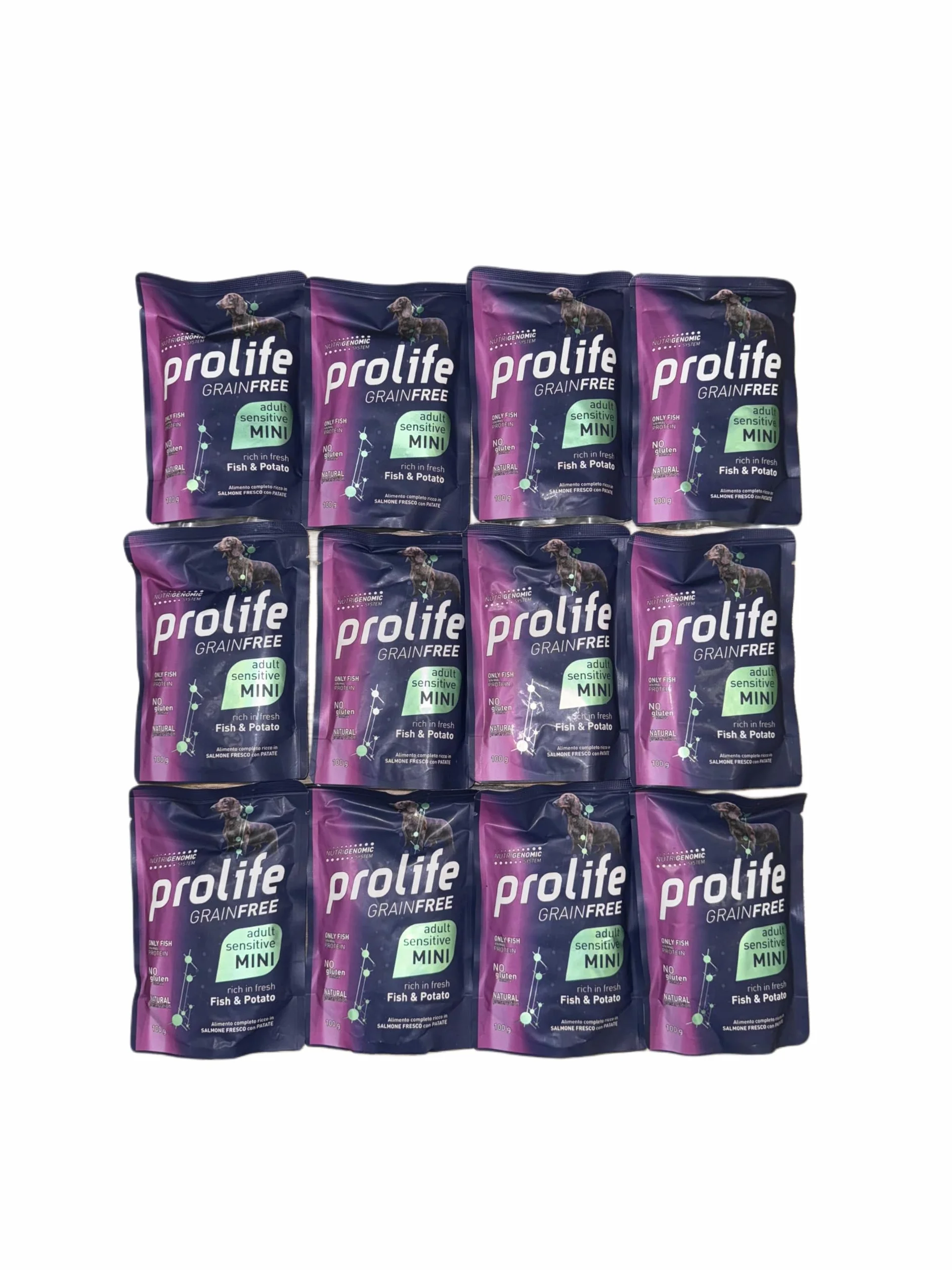 Prolife umido per cani monoproteico sensitive grainfree adult mini PESCE e PATATE 100g |12 bustine da 100g l'una.