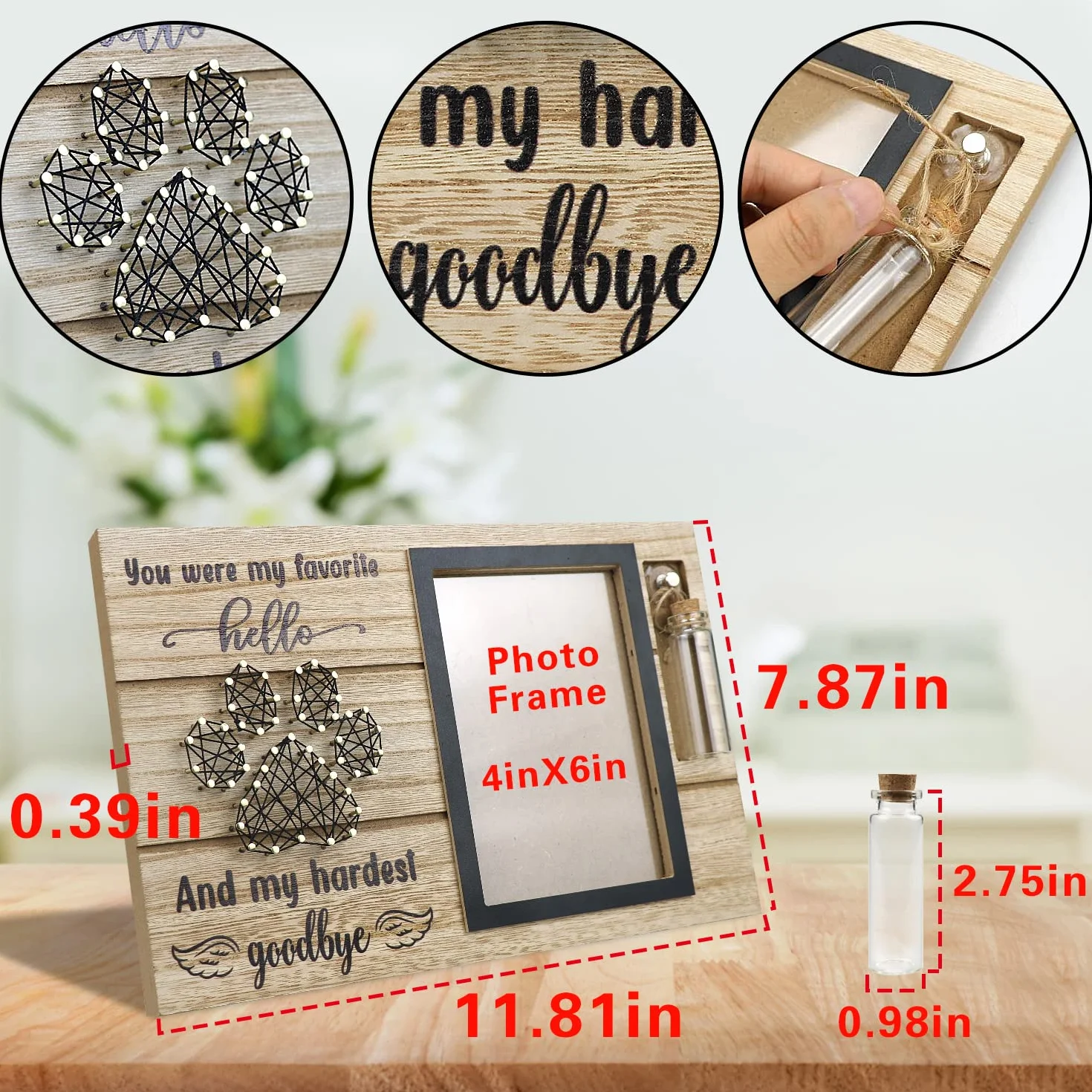 free-space Cornice commemorativa per Animali Domestici con Piccola Bottiglia di Vetro per Regalo per la Perdita di Ceneri o Capelli (Black)