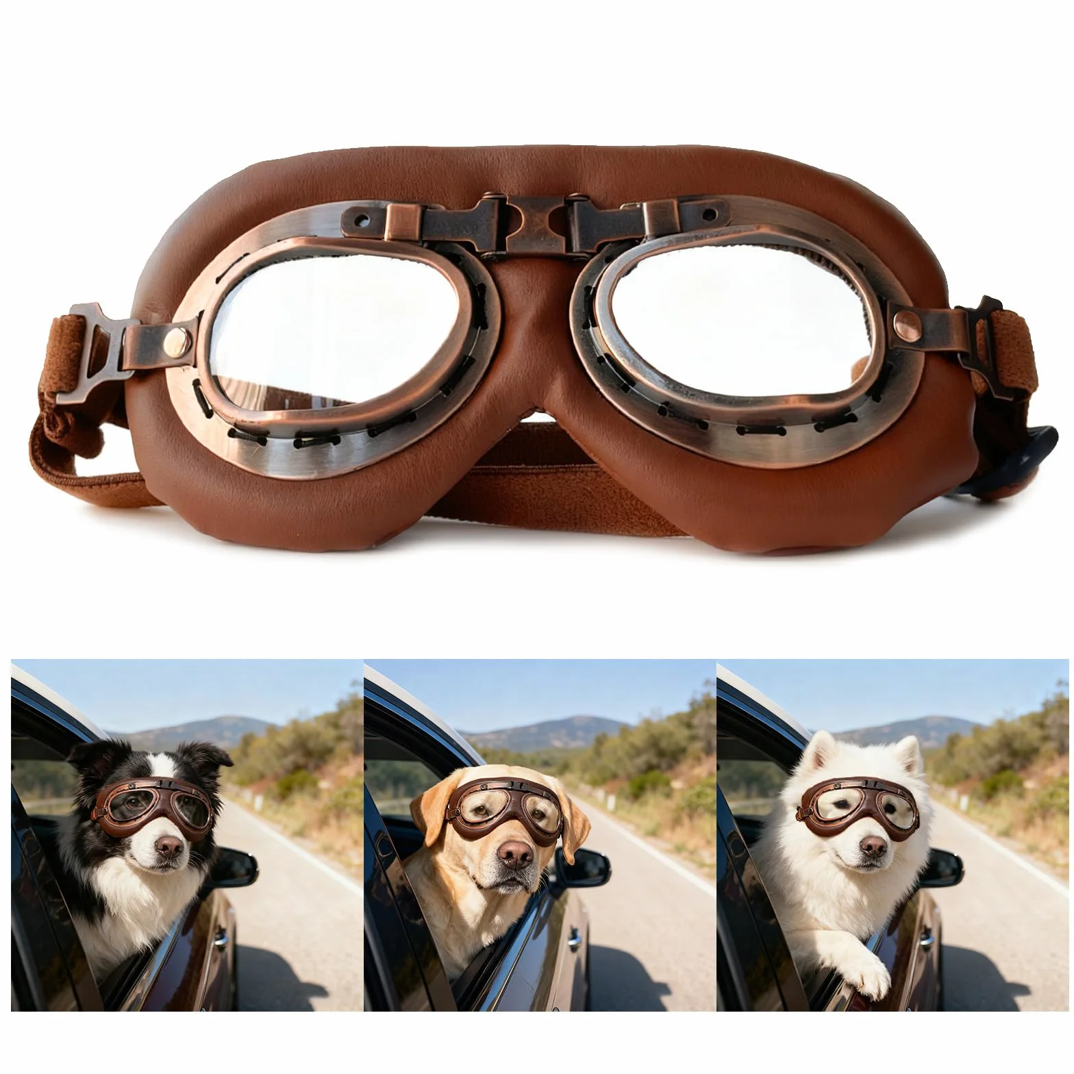 Occhiali Retro per Cani (Lenti Trasparenti) per Taglia Media - Antivento e Regolabili - Occhiali Protettivi Pieghevoli per Moto, Auto e Outdoor