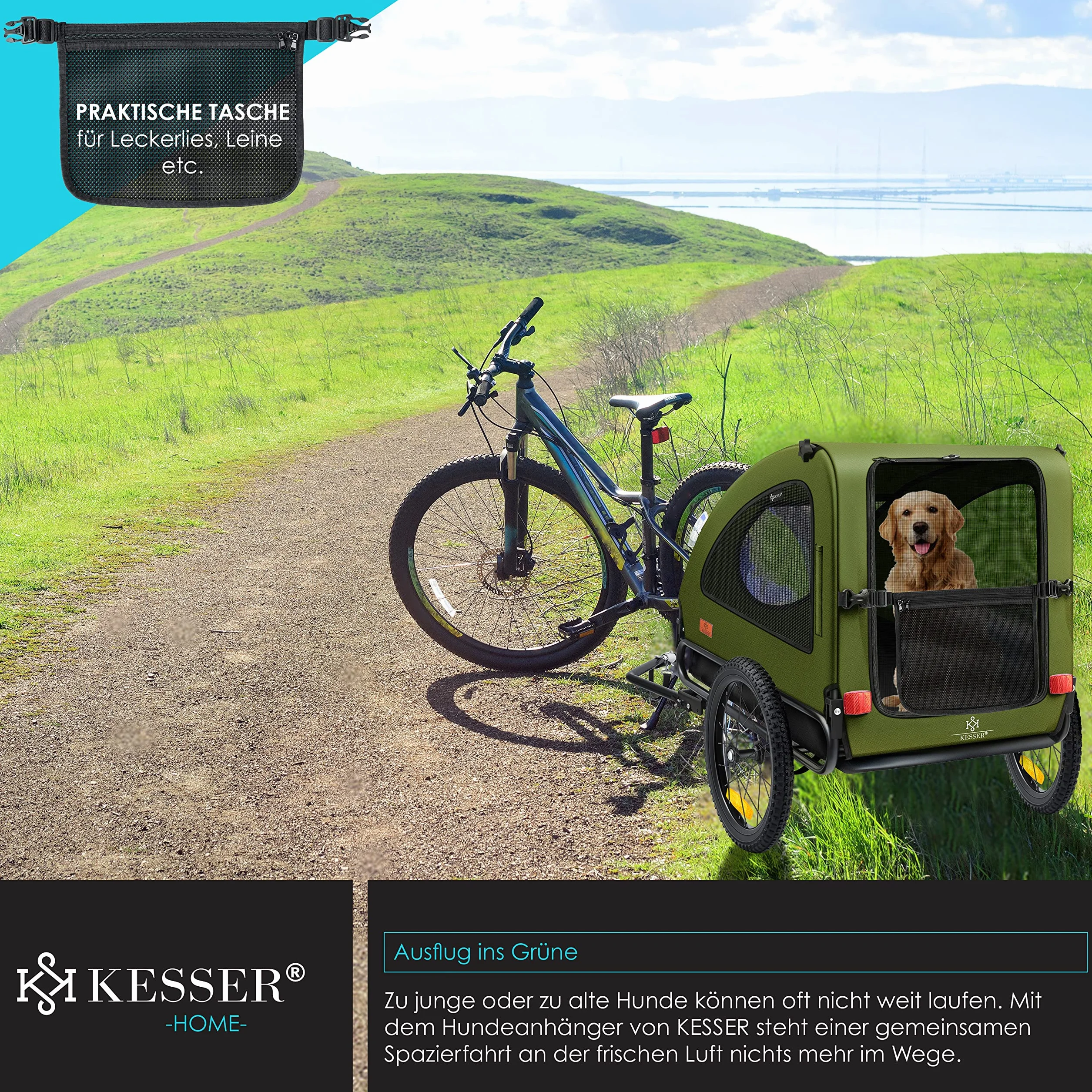 KESSER® Rimorchio per Cani 2in1, Carrello per Bicicletta, 250L circa di Volume, incl. Bandierina e Borsa, Pieghevole, SmartSpace Concept, Massima Capacità di Carico - 45 kg