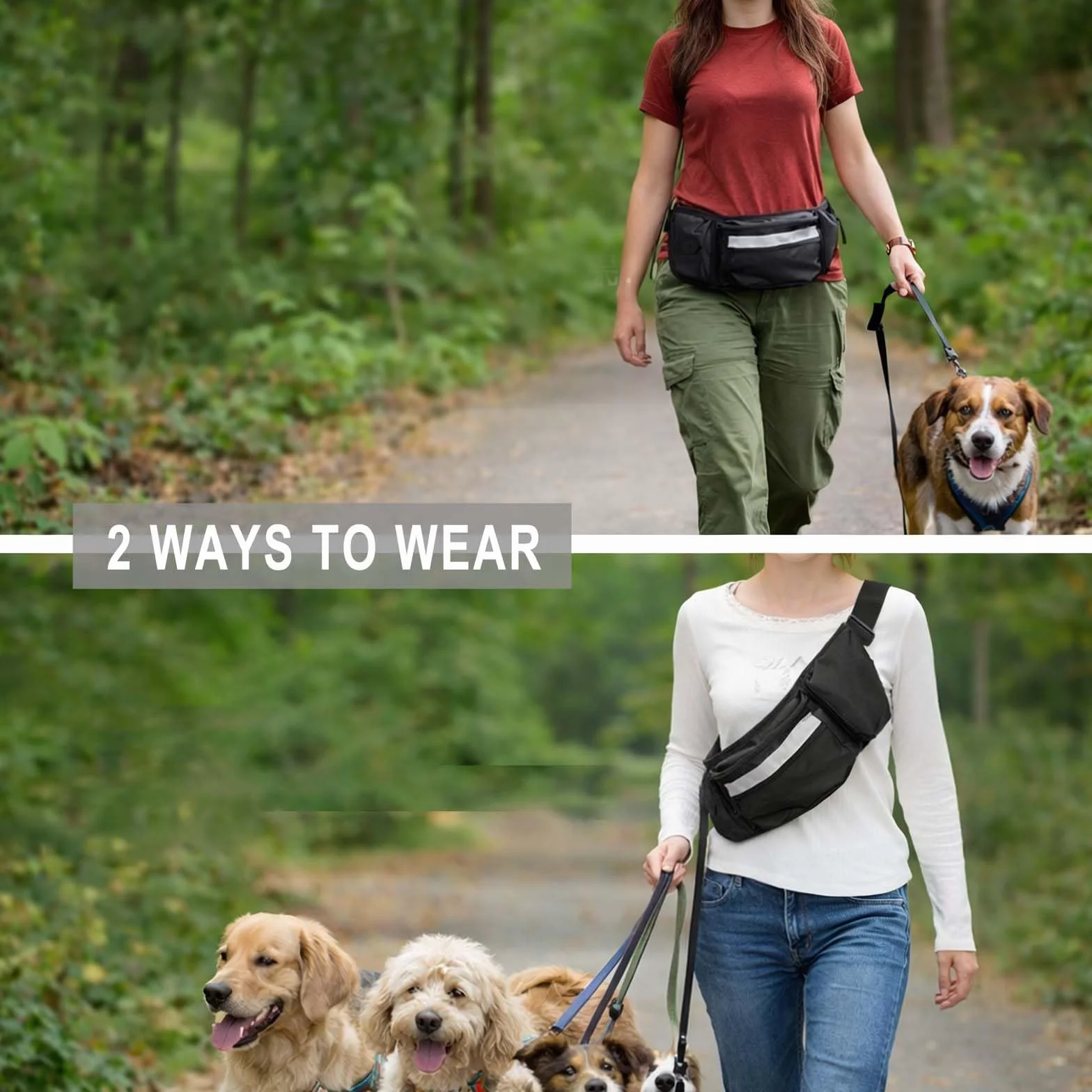 Porta premietti per cani, marsupio per addestramento, sacchetto porta-cibo con dispenser per sacchetti per i bisogni e striscia riflettente, marsupio regolabile per passeggiate all'aperto (nero)