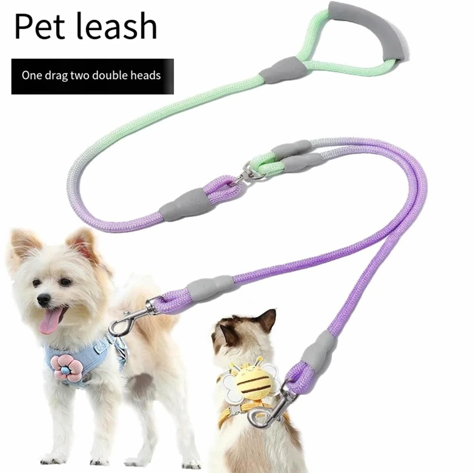 Guinzaglio per cani a doppia testa anti-impigliamento con due guinzagli per animali domestici di colore sfumato (giallo, 1,2 cm, 0,8 m, 1 cm, 0,6 m)