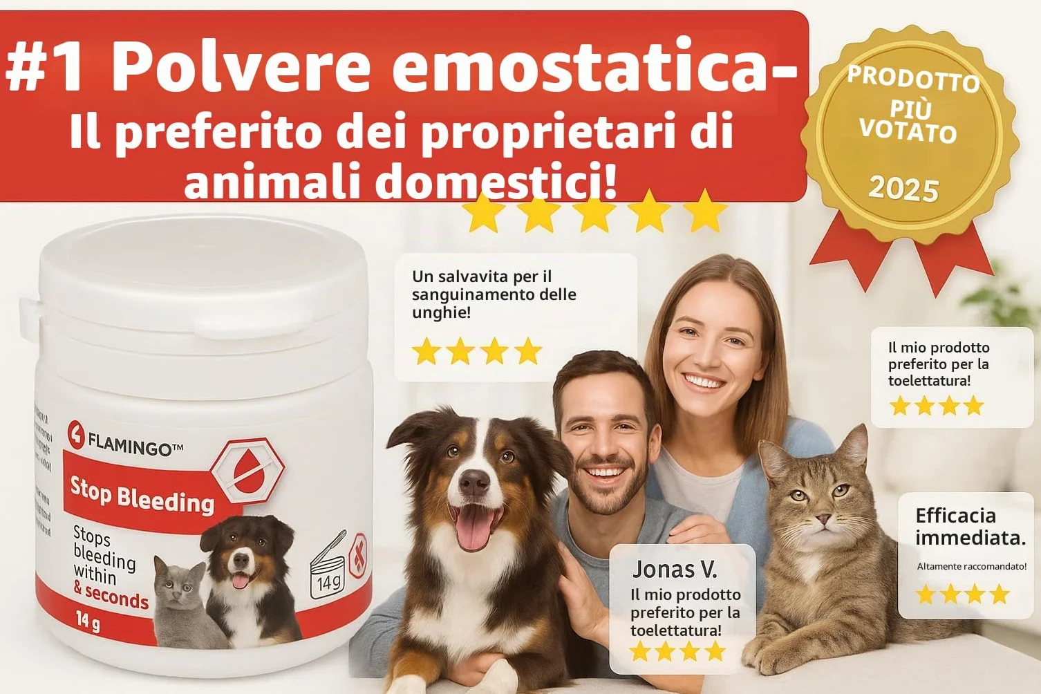 Flamingo Polvere Emostatica per Cani, Gatti e Piccoli Animali – arresta Il sanguinamento in 5 Secondi – per Unghie e ferite superficiali – Effetto lenitivo e disinfettante – Dalko