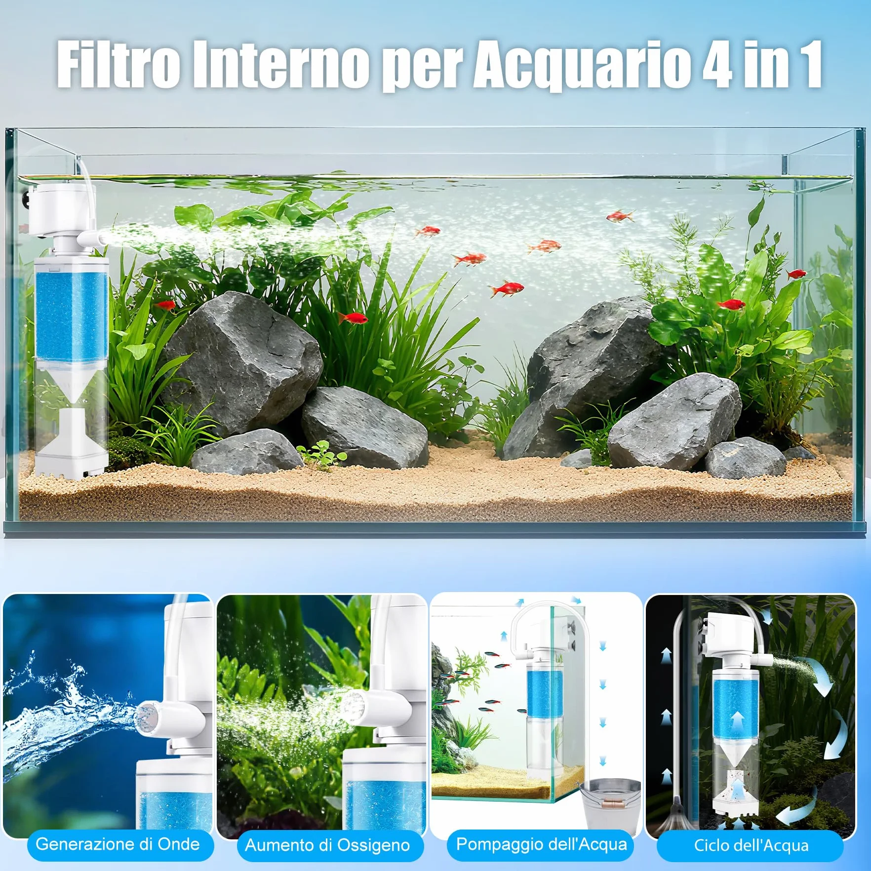 Vehipa Filtro Acquario 4W, 350L/H - per 20-80 Litri - Pompa con Funzioni di Ossigenazione Regolabile, Circolazione dell'Acqua e Filtraggio