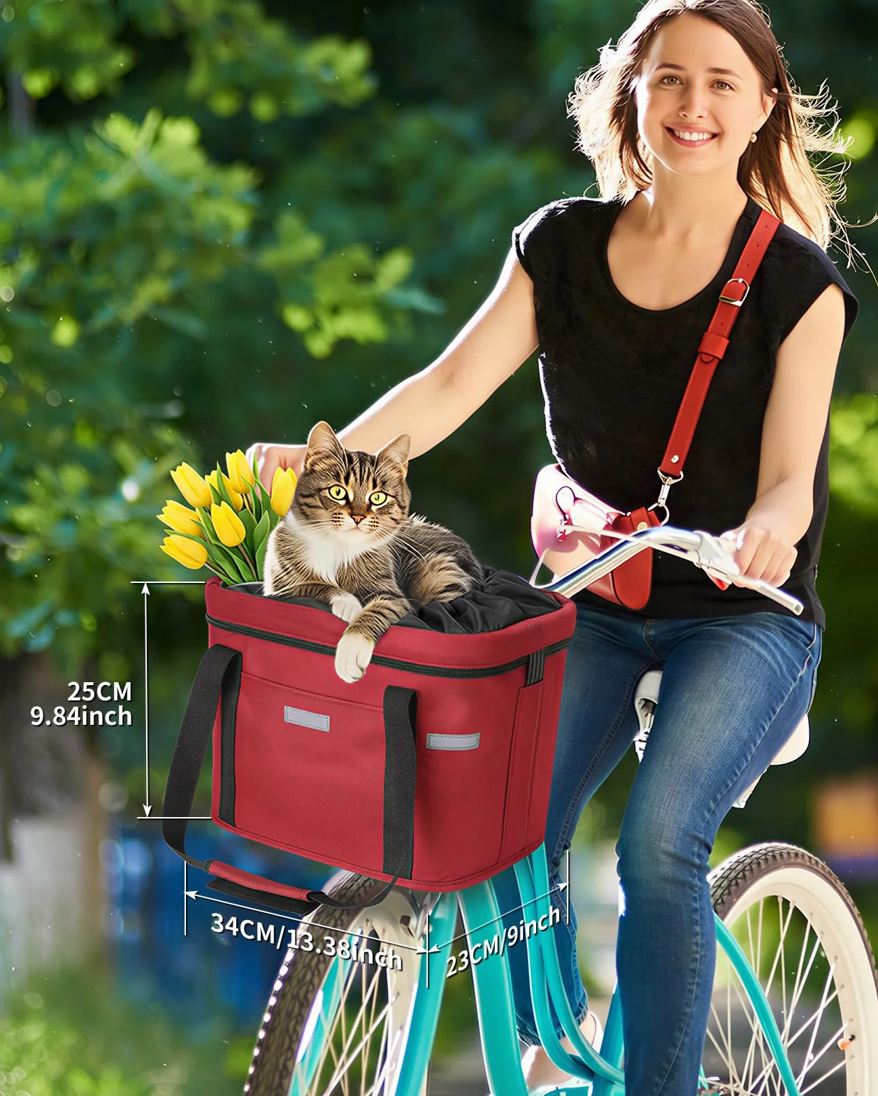 Cestino Bicicletta Anteriore, Cestino Rimovibile per Bicicletta Anteriore con Fissaggio rapido Pieghevole Fino a 5kg di Carico Cestino per Animali,Borsa per la Spesa,Campeggio All'Aperto, Rosso