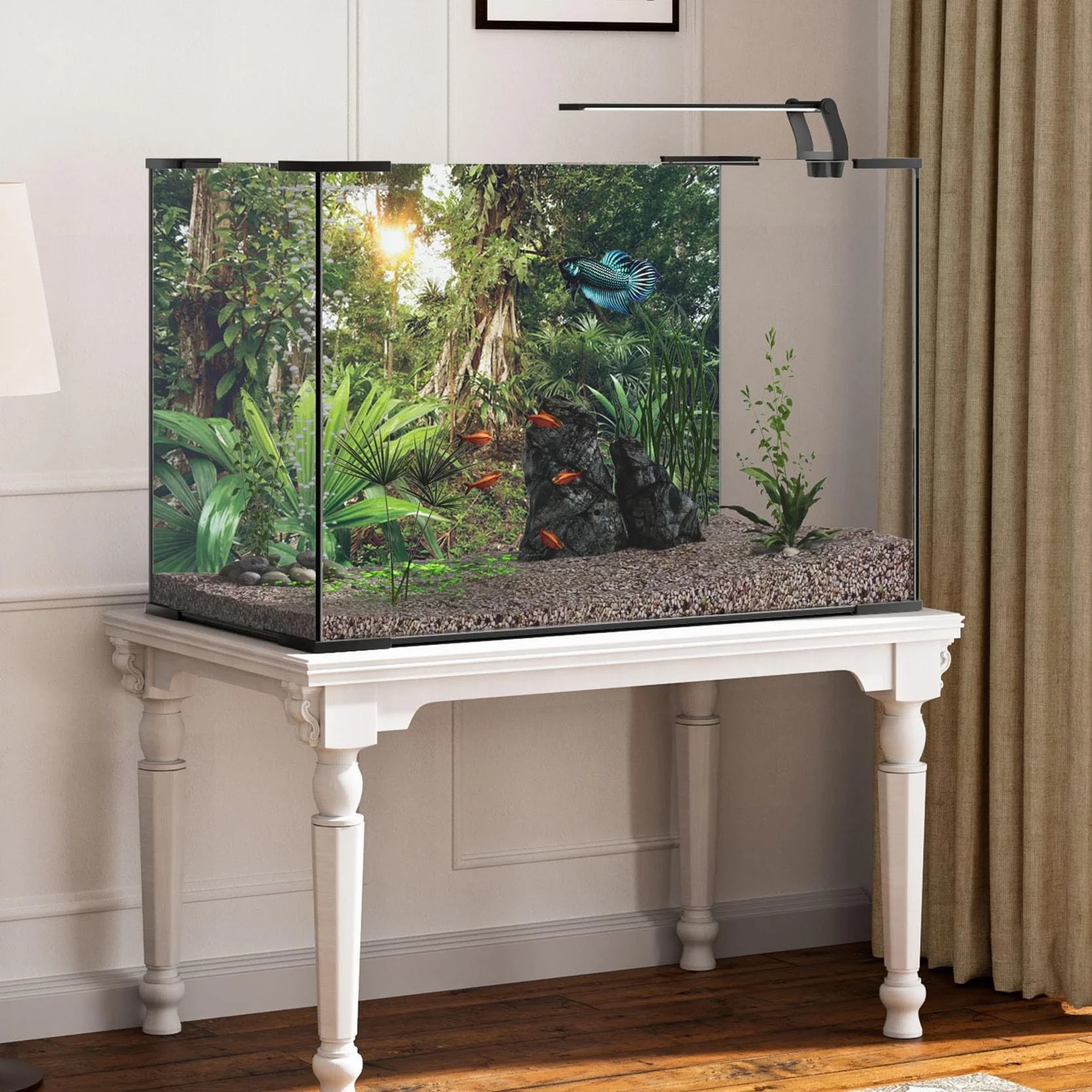 91x50cm Foresta Profonda Terrario Sfondo Sole Piante Tropicali Alberi Acquario Sfondo Foresta pluviale Rettile Habitat Sfondo Vinile