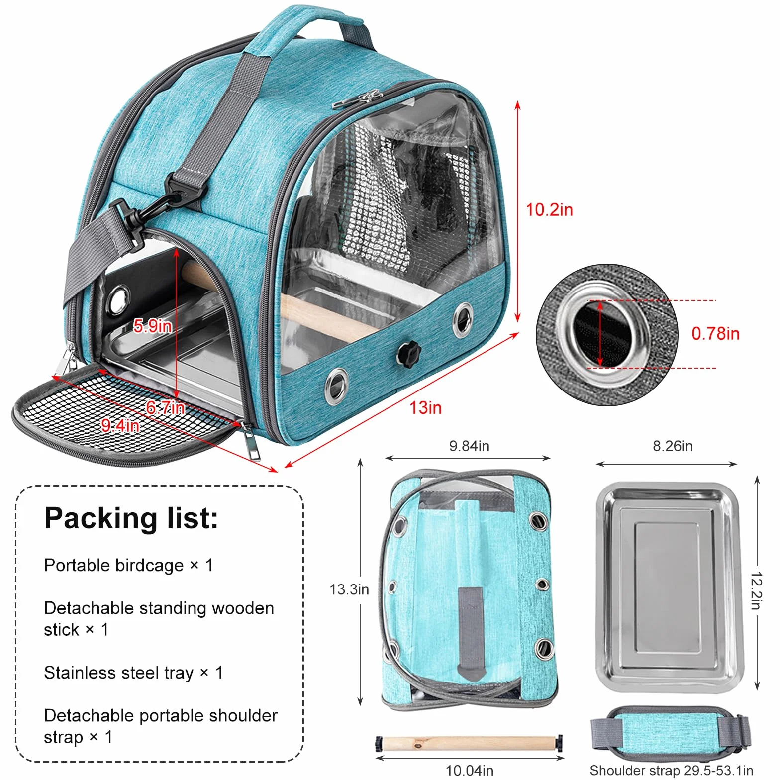 Borsa per il Trasporto di Uccelli con Asta e Vassoio in Acciaio Inox, Zaino Portatile per Pappagalli con Asta di Legno (Blue)