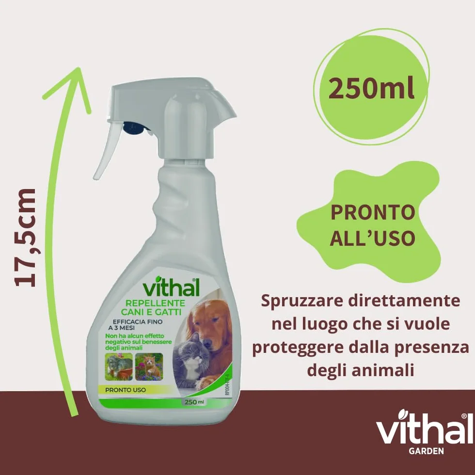 VITHAL Repellente Cane e Gatto Spray 250ml - Protezione Totale Per Interni Ed Esterni, Durata Fino a 3 Mesi, Spray Pronto All’Uso