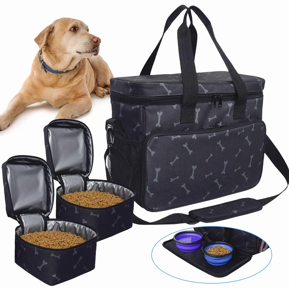 Zwini Borsa da viaggio per cani lavabile Borsa termica con scomparti, alimentatore pieghevole e bevitore (nero)