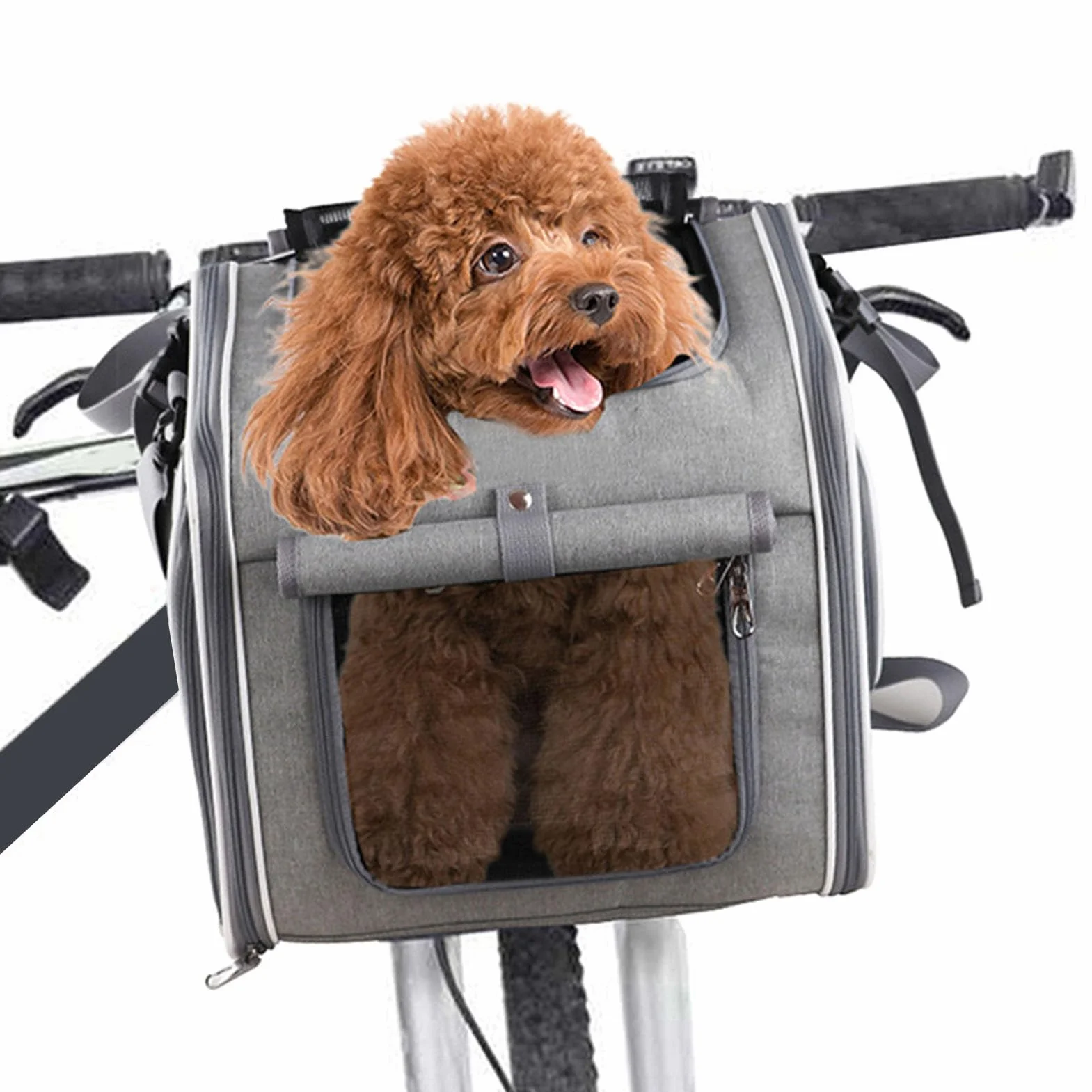 Cestino per Cani da Bici Fino a 8 Kg di Peso 4 Porte, 4 Mesh, Design Morbido Zaino Porta Animali da Bici con Finestre Robusta Struttura in Metallo Tessuto Oxford Resistente (GREY)