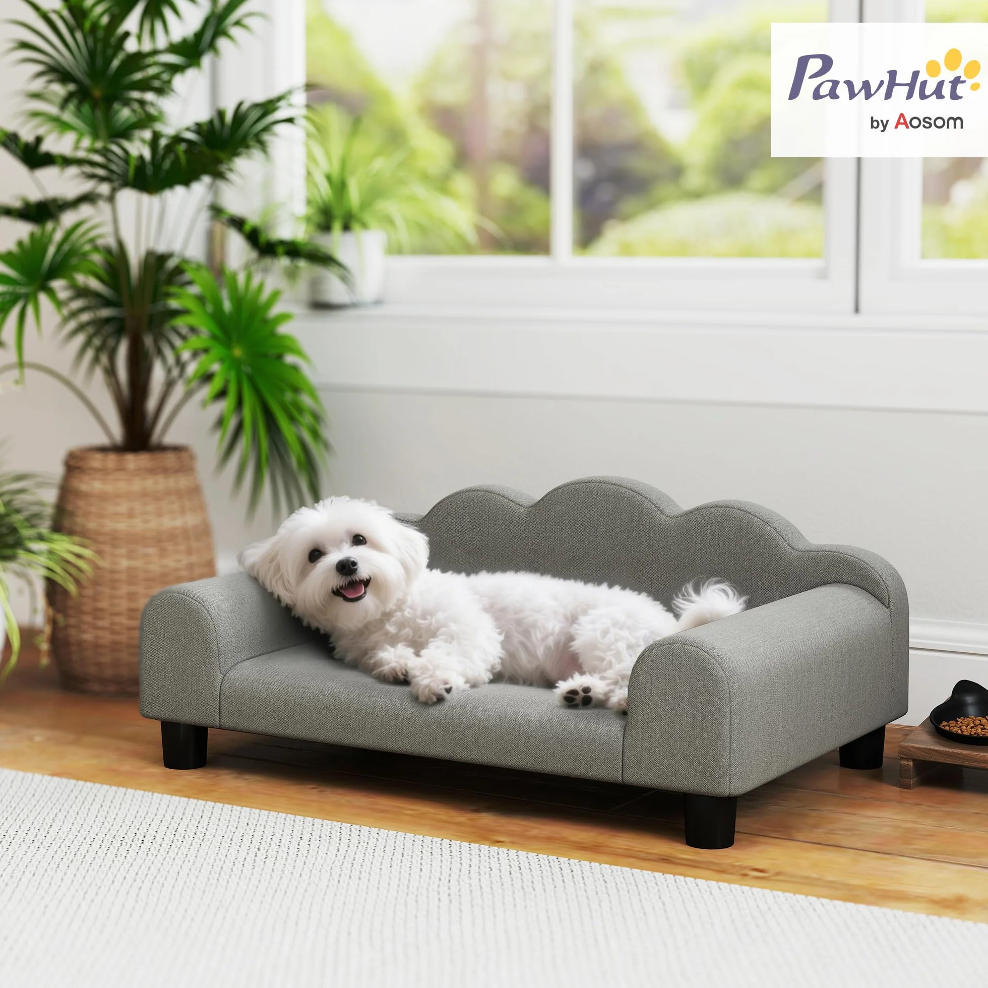 PawHut Divano per Cani Piccoli Morbido con Braccioli di Supporto, Divanetto per Cani in Legno e Tessuto French Terry, 66x42x28.5 cm, Grigio