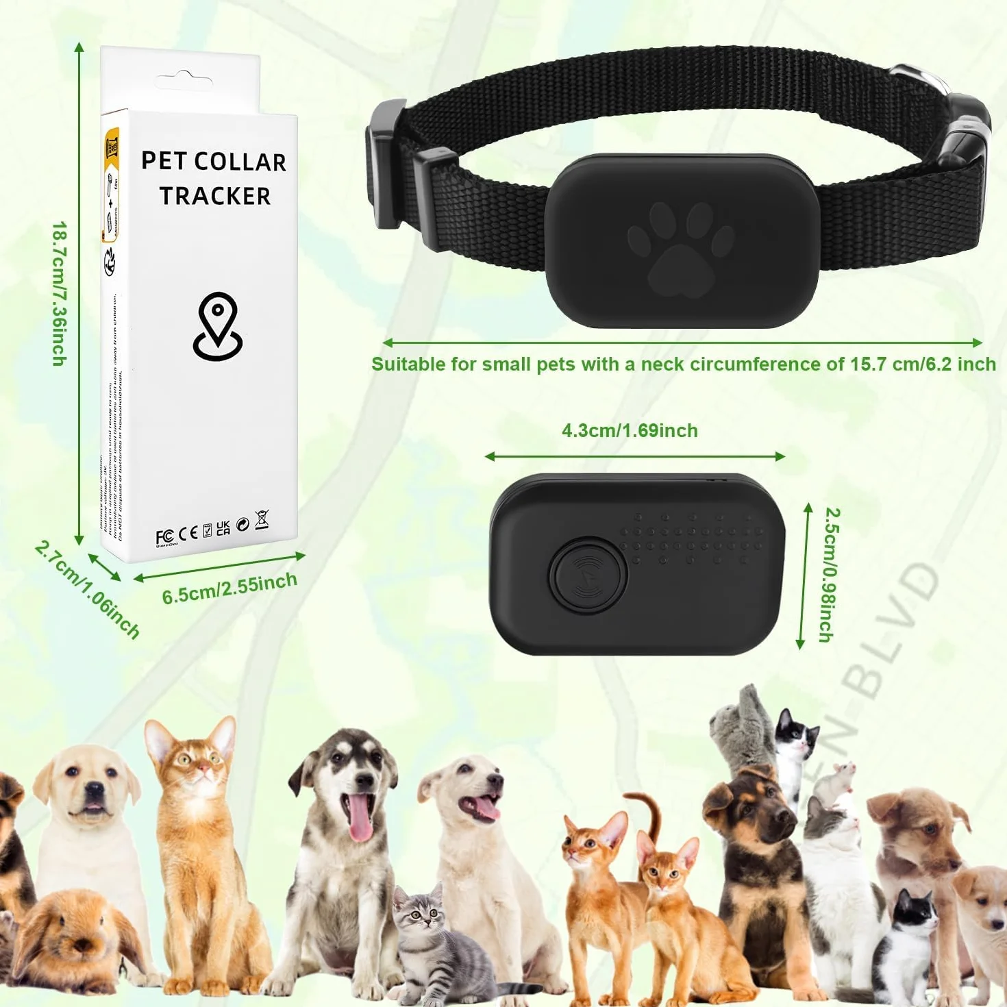 Localizzatore GPS per Gatti e Cani con Collare, Tracker Senza Abbonamento, Compatibile iOS e Android, Collare Regolabile Impermeabile Anti Smarrimento per Animali