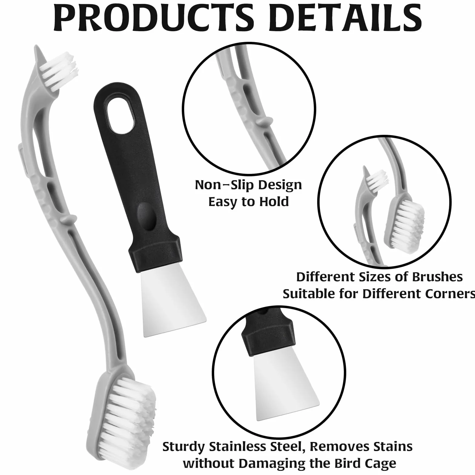 Pulitore per gabbie per uccelli con spazzole anteriori e posteriori, raschietto per la pulizia, utensile con manico lungo, strumento per la rimozione degli escrementi di uccelli, utensili in