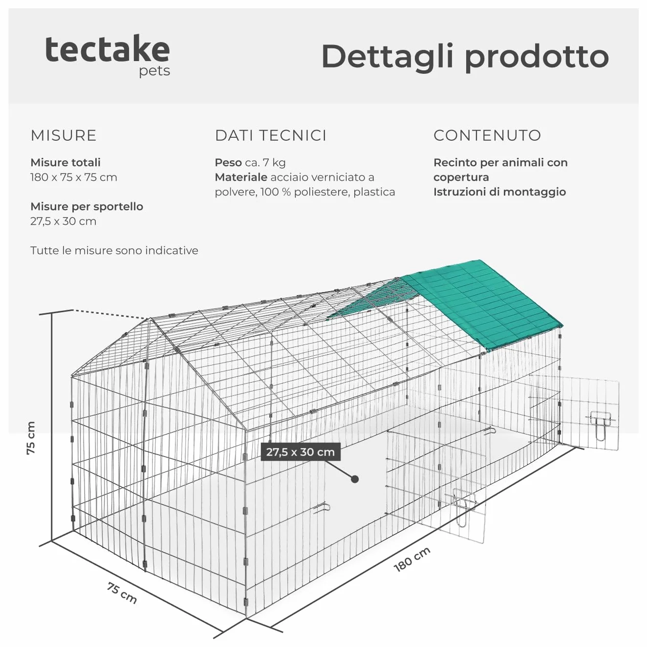 tectake® Gabbia da esterno per conigli, recinto con protezione parasole, griglia metallica resistente, conigliera, gabbia per piccoli animali, porcellini d'india, stabile, 180 x 75 x 75 cm - Verde
