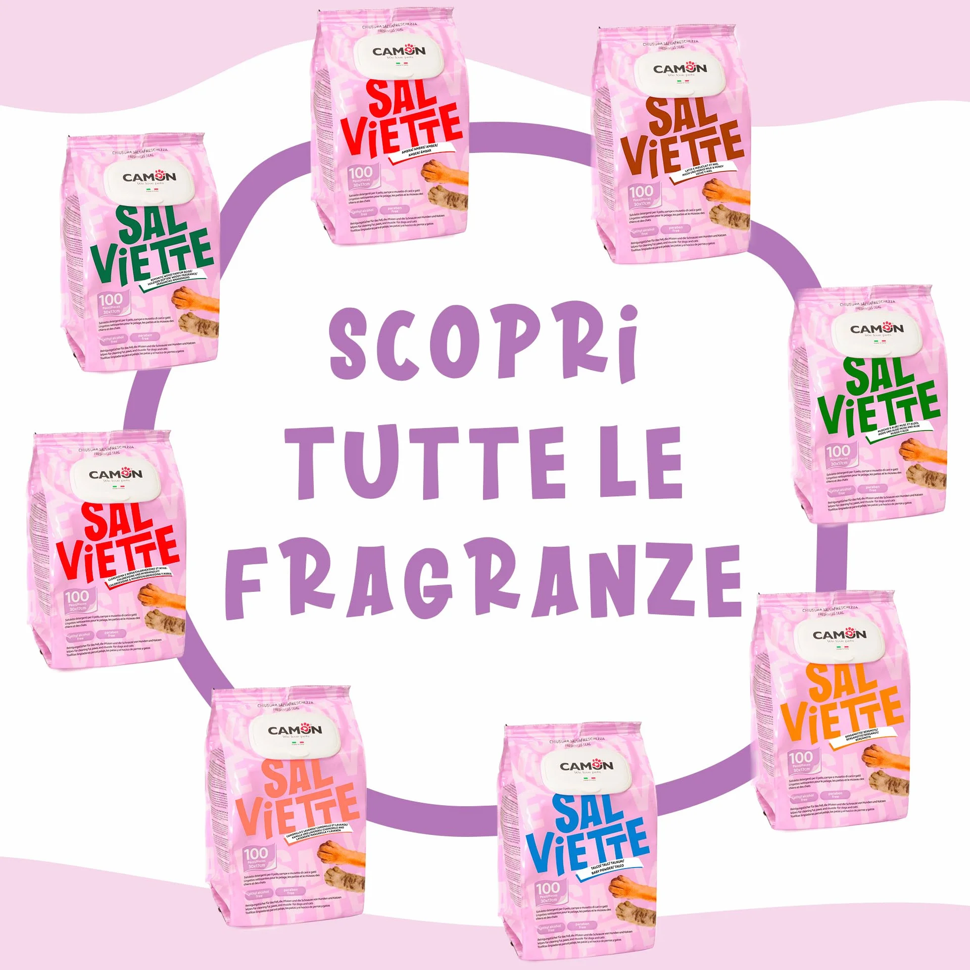 CAMON Salviette Detergenti per Cani e Gatti 30x17 cm 100 Pezzi Fragranza Latte e Miele Senza Alcool né Parabeni Made in Italy