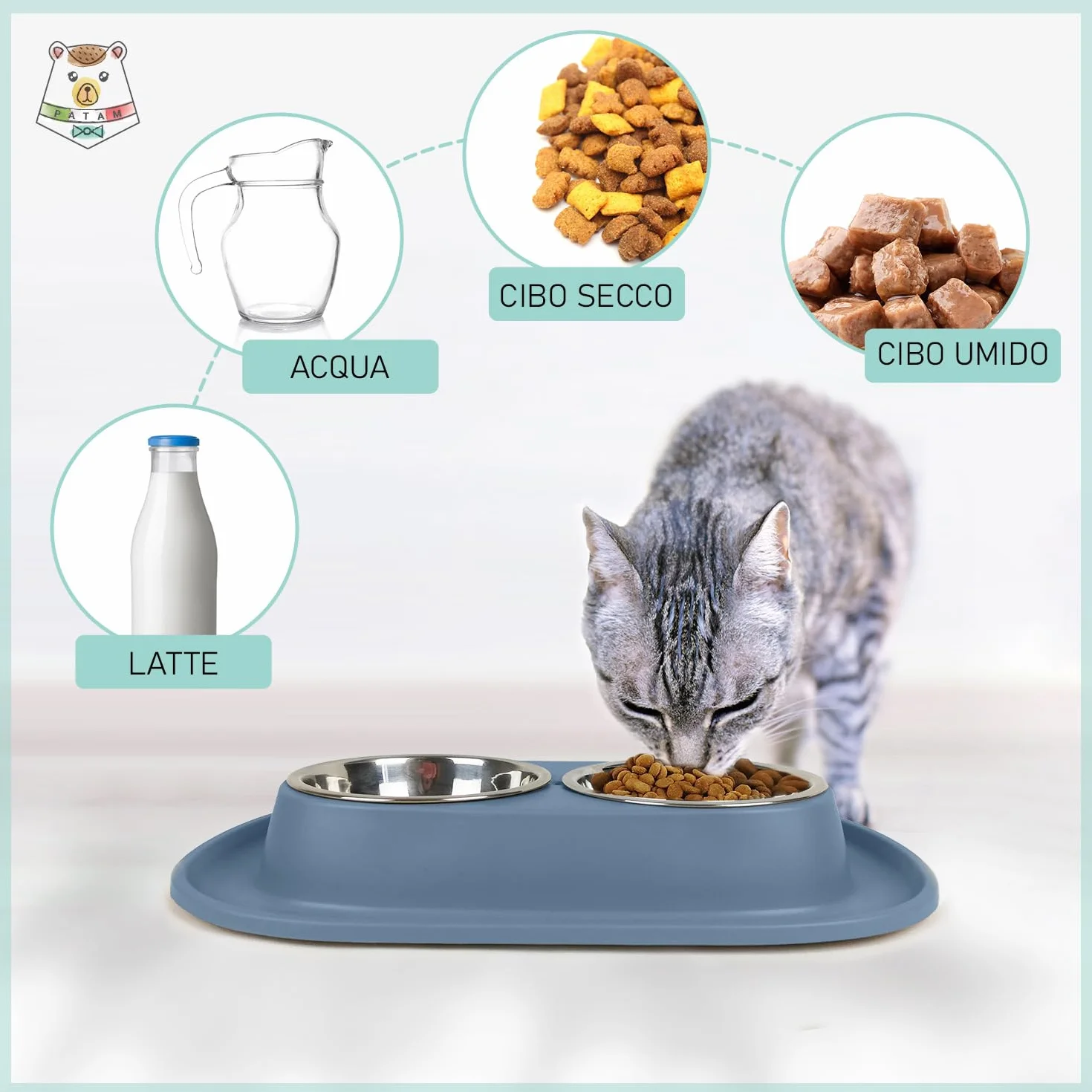 PATAM ciotola doppia per gatti in acciaio inossidabile con tappetino morbido antiscivolo, antiribaltamento Made in Italy - Jerry Blu