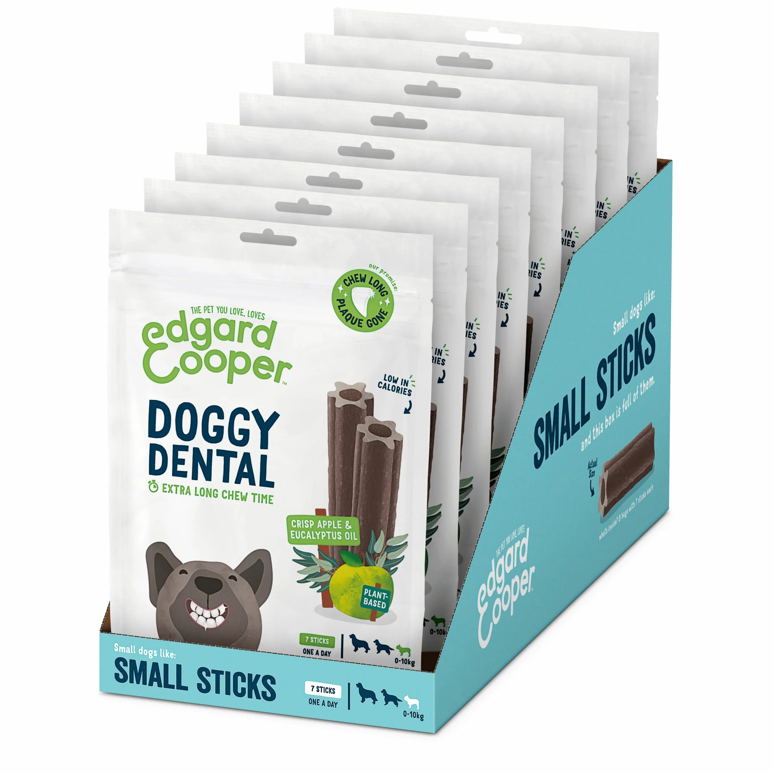 Edgard & Cooper Snack per Cane Stick Dentali Naturale 8x7 (confezione da 8) Bastoncini da Masticare, igiene dentale, tempo di masticazione lungo, alito fresco (Mela e Eucalipto, Piccolo)