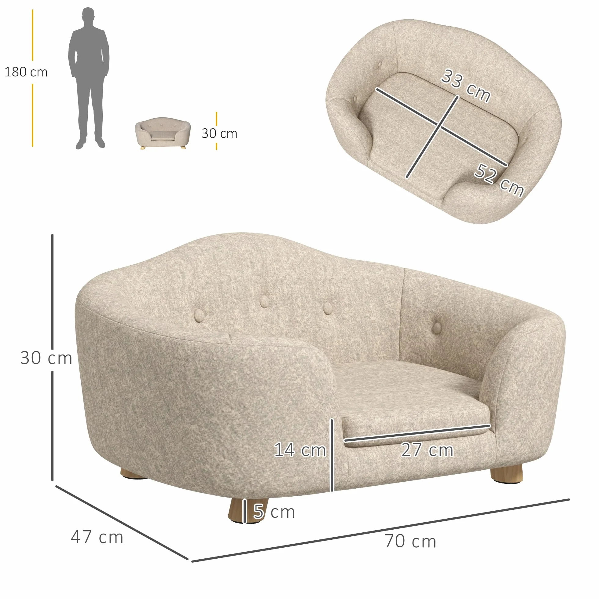 PawHut Divano per animali domestici, letto per cani, divano per cani, divano con cuscino, tasca posteriore in peluche, in legno di pino bianco, 70 x 47 x 30 cm