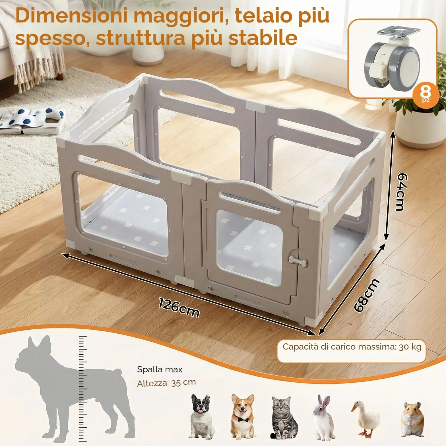 MAMIZO Recinto per Cani Acrilico 126 × 68 cm, Box per Cuccioli con Ruote e Base, Box per il Parto Cani con Cuscinetto Impermeabile, 5+1 PCS Pannelli Parco per Cani adatto Appartamento, Grigio Caldo