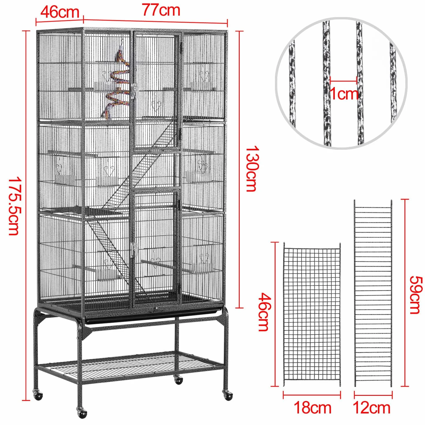Yaheetech Gabbia Voliera per Uccelli Pappagalli Inseparabili Calopsite Grande con Piedistallo in Metallo Giocattolo Gabbia per Conigli Nano Criceti Gatti 77 x 46 x 175,5 cm Nera