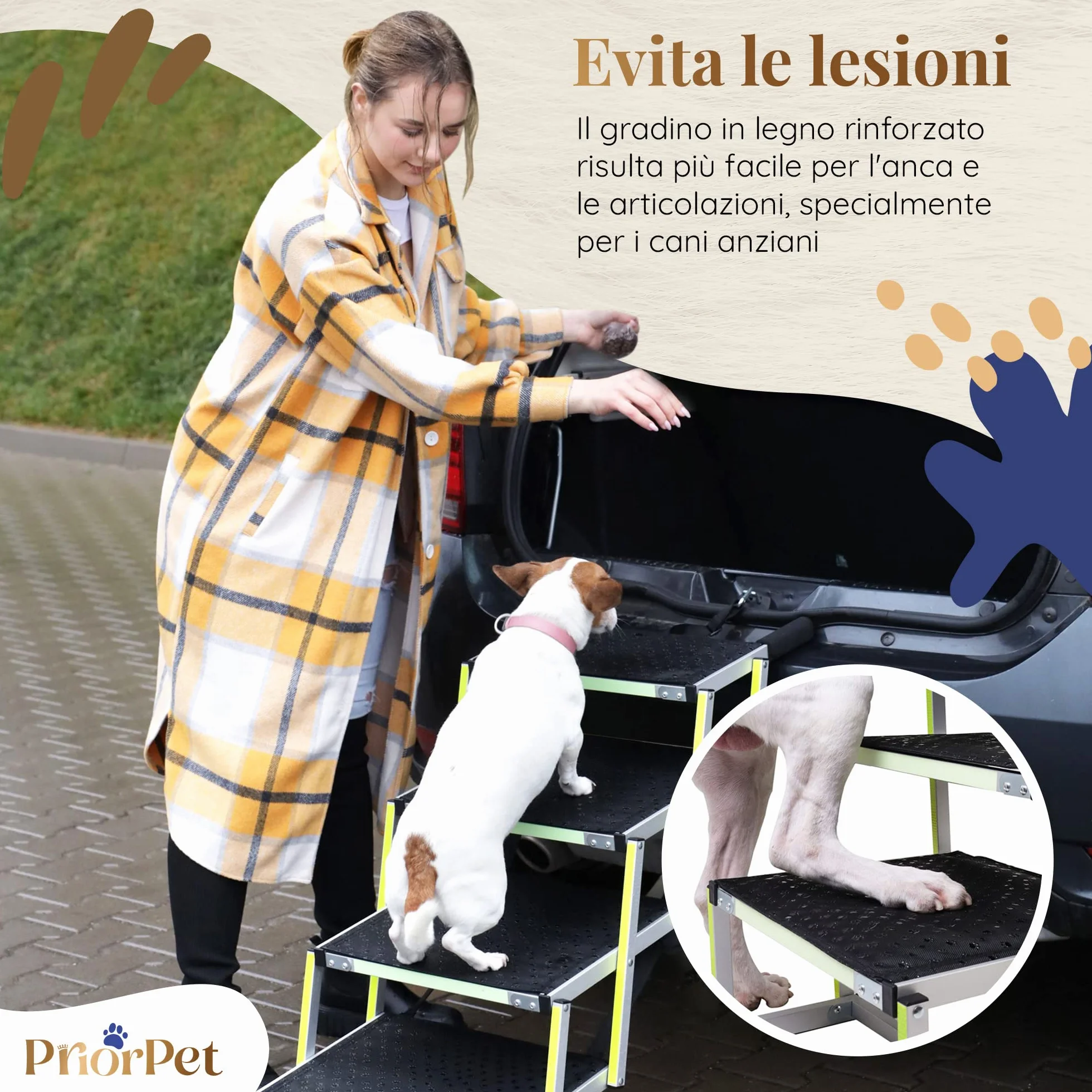 PRIORPET Rampa per Cani Pieghevole 4 Gradini Antiscivolo Riflettente 77 kg