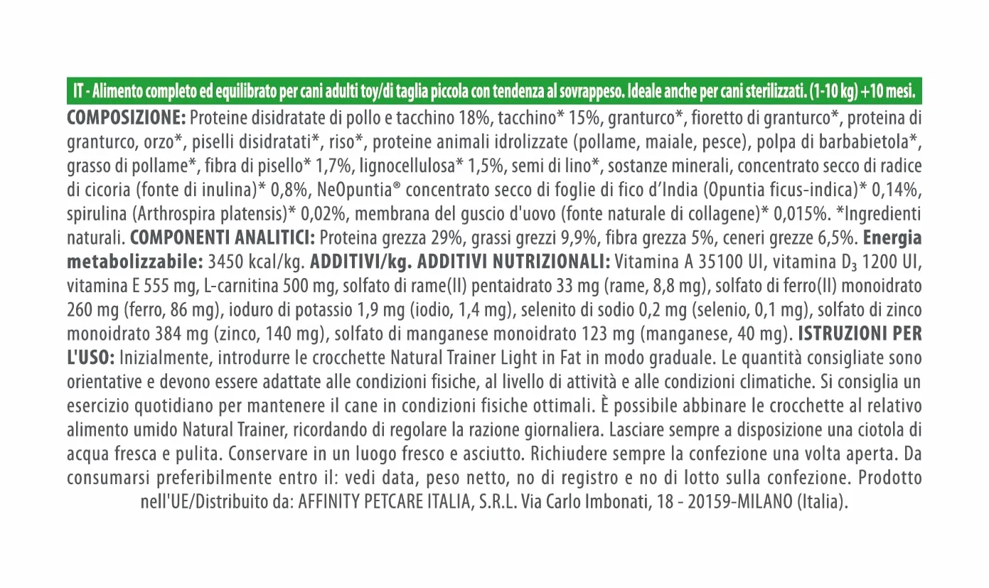 Natural Trainer Ideal Weight Small & Toy Cibo per Cani Adulti Light Tacchino 2kg