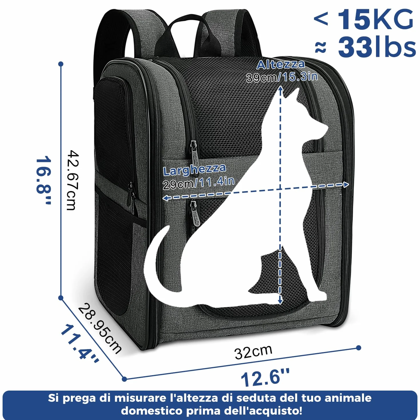 APOLLO WALKER Zaino per Cani e Gatti Traspirante con Supporto per la Schiena, Grigio