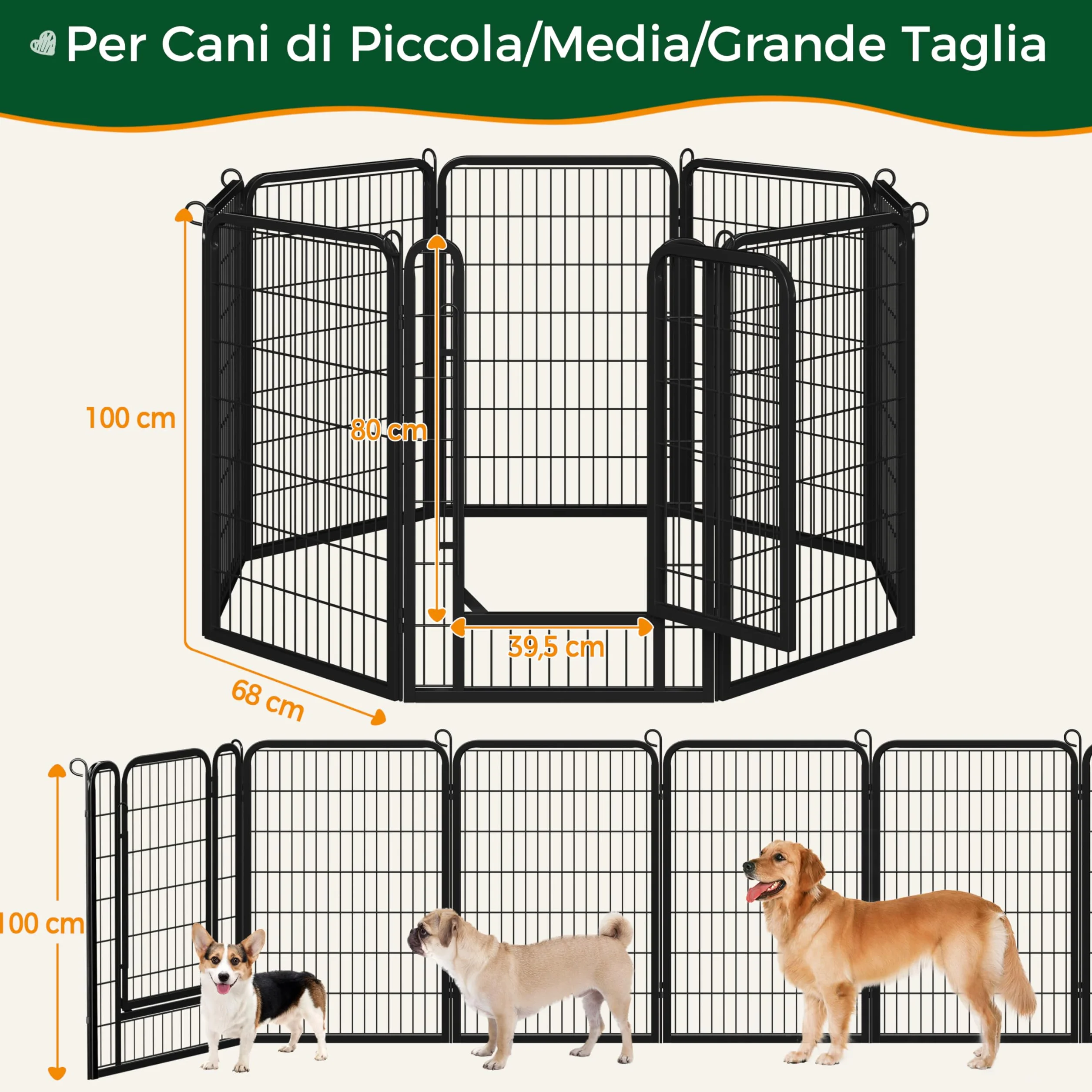 Yaheetech Recinto per Cani Grande 8 Pannelli 68x100 cm Ferro Recinzione Rete Metallica Pieghevole Portatile Nero