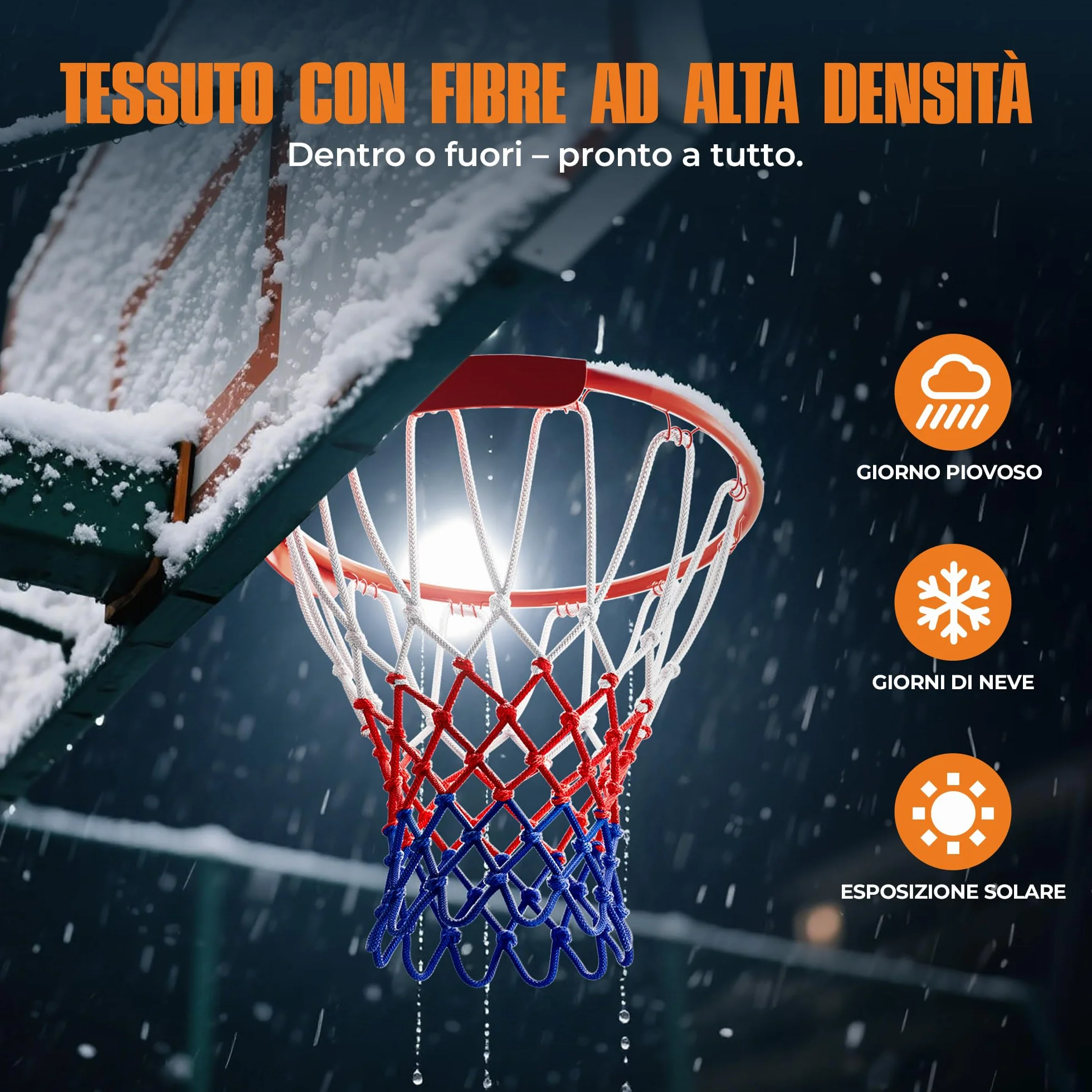 Rete per Basket Professionale 150g, Rete Resistente per Canestro Esterno, 12 Ganci, Bianco Rosso Blu