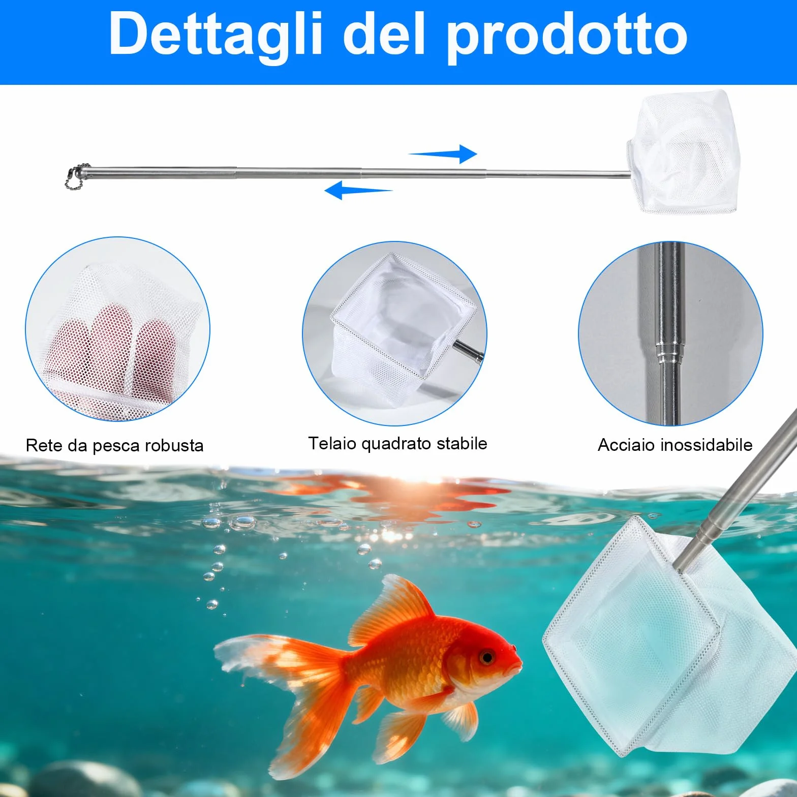 Set di 2 Retini Mini Acquario con Manico in Acciaio Inossidabile – Rete da Pesca a Maglia Fine con Manico Telescopico (13-40 cm) per Acquario, Stagno e Pulizia (8x6,5 cm)