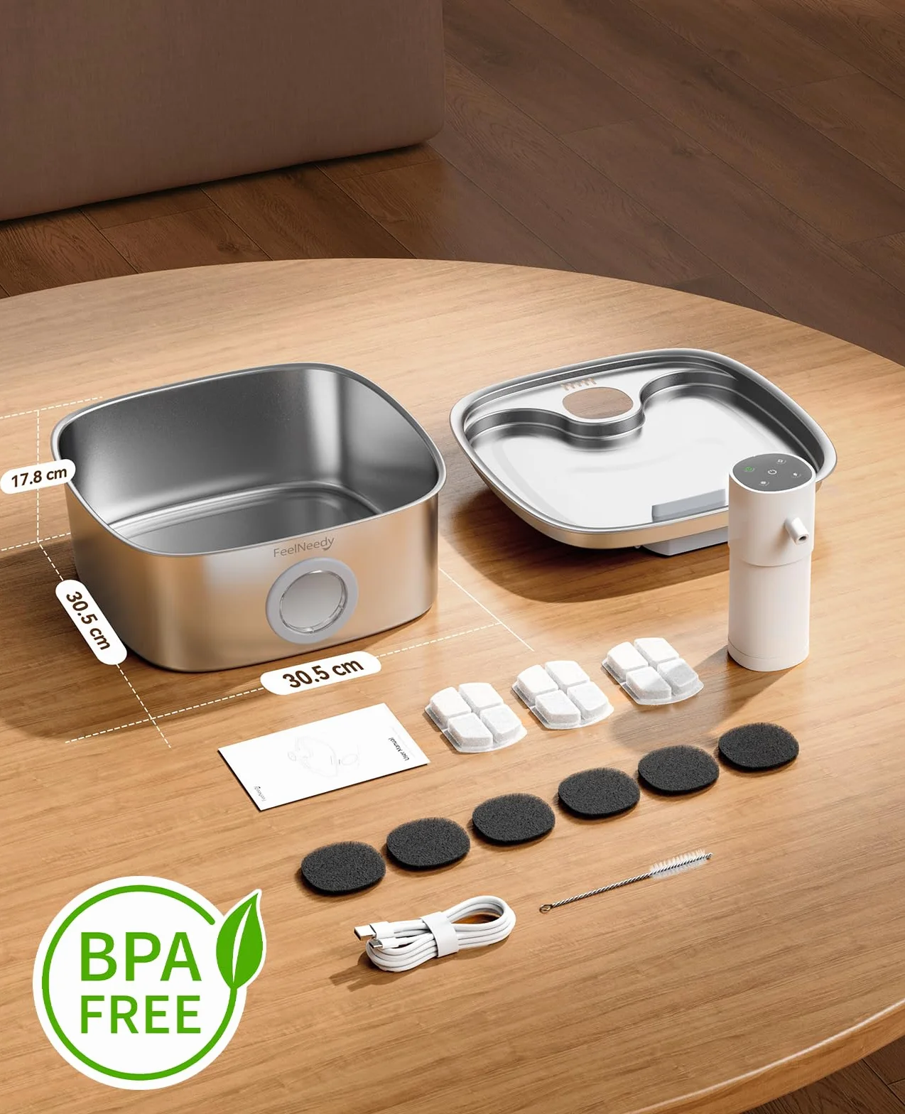 FEELNEEDY 8L Fontanella per Gatti senza Fili, 5000 mAh Batteria Fontanella per Cani Acciaio Inox con 3 Filtri, Fontana per Gatti con Sensore Radar di Movimento, Lavabile in Lavastoviglie