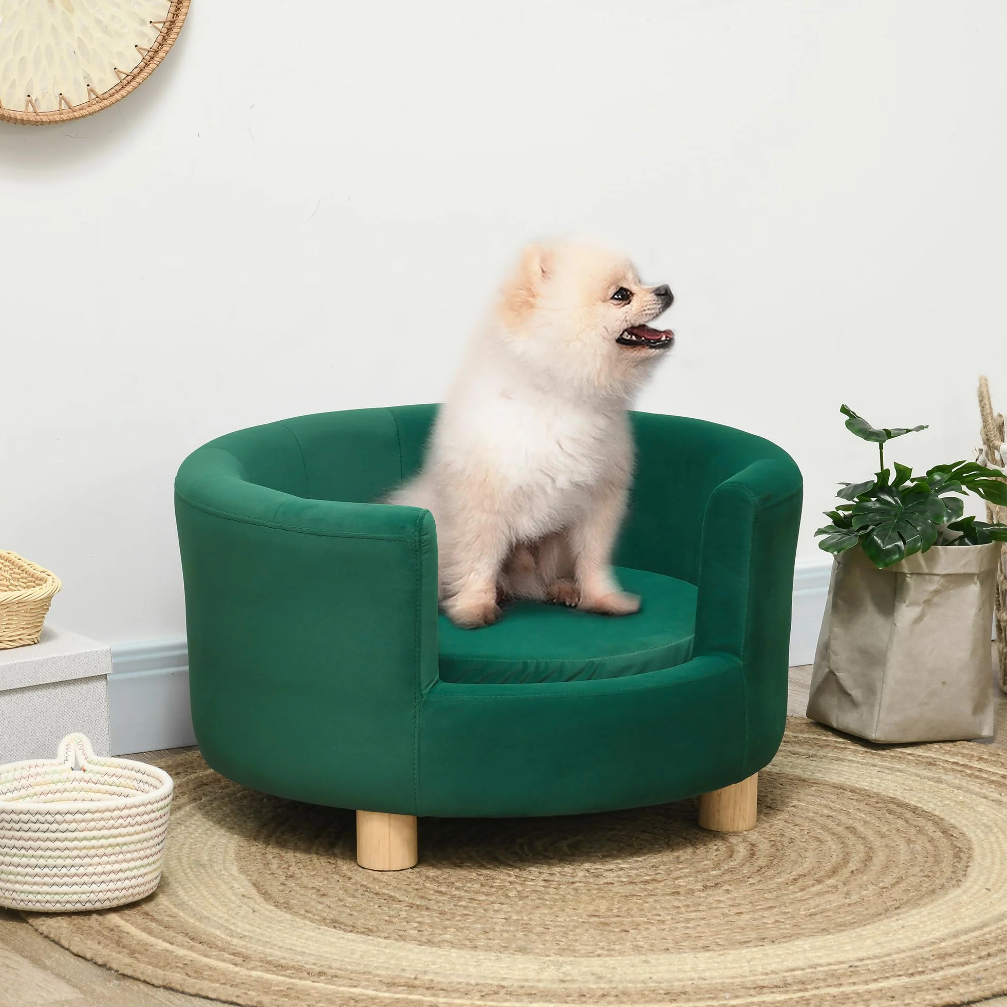 PawHut Divano per Cani Imbottito con Schienale e Cuscino Rimovibile, Cuccia per Gatto da Interno, 65x64x37cm, Verde