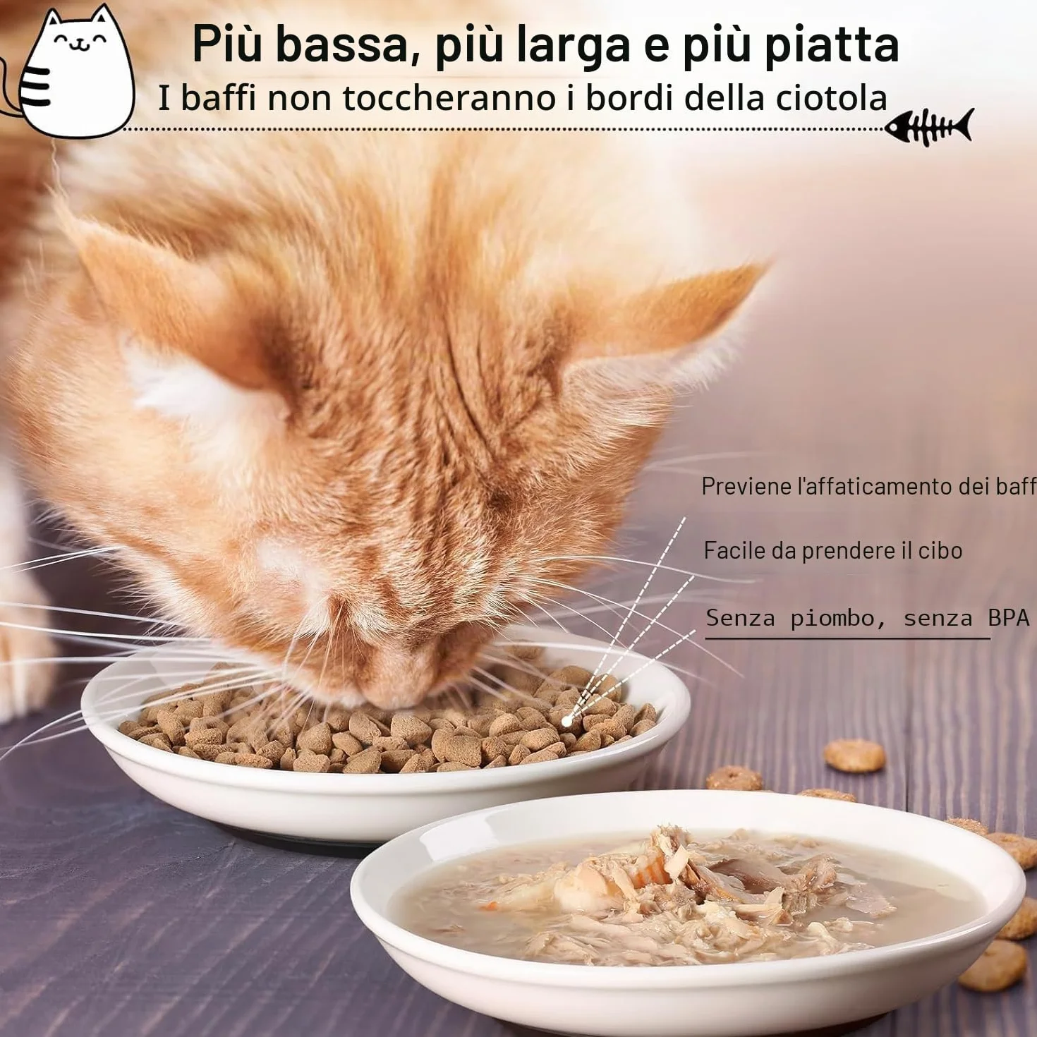 Pavlleen Ciotole per gatti in ceramica, Piatto Cibo Gatto Set di 3, con base in gomma antiscivolo, Ciotola Piatta Gatti per Alleviare l'affaticamento Dei Baffi, per gatti e piccoli animali