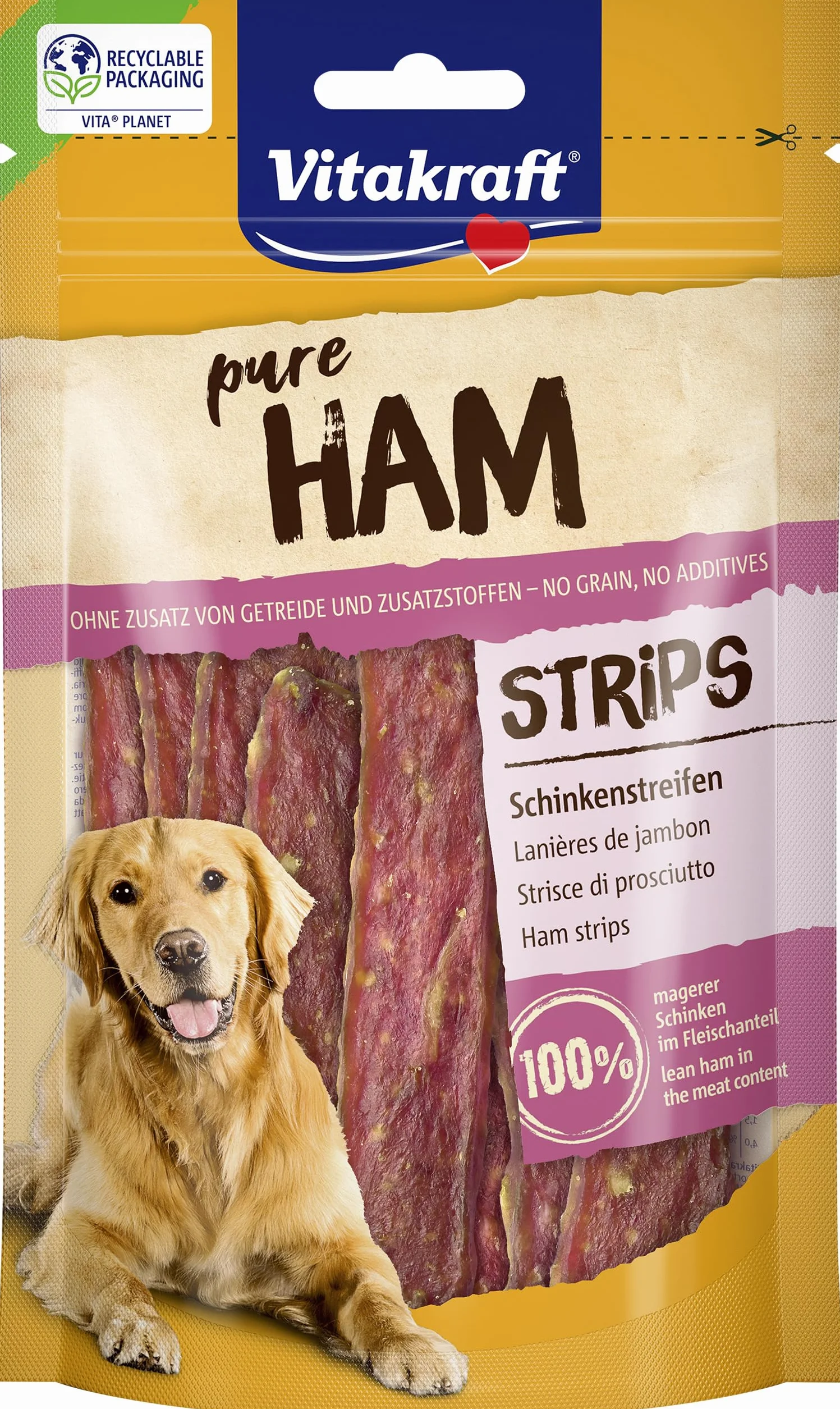 Vitakraft Pure Ham Strips, snack cane, strisce di prosciutto con carne di maiale, snack per l’addestramento del cane, senza zuccheri aggiunti (1x 80g)