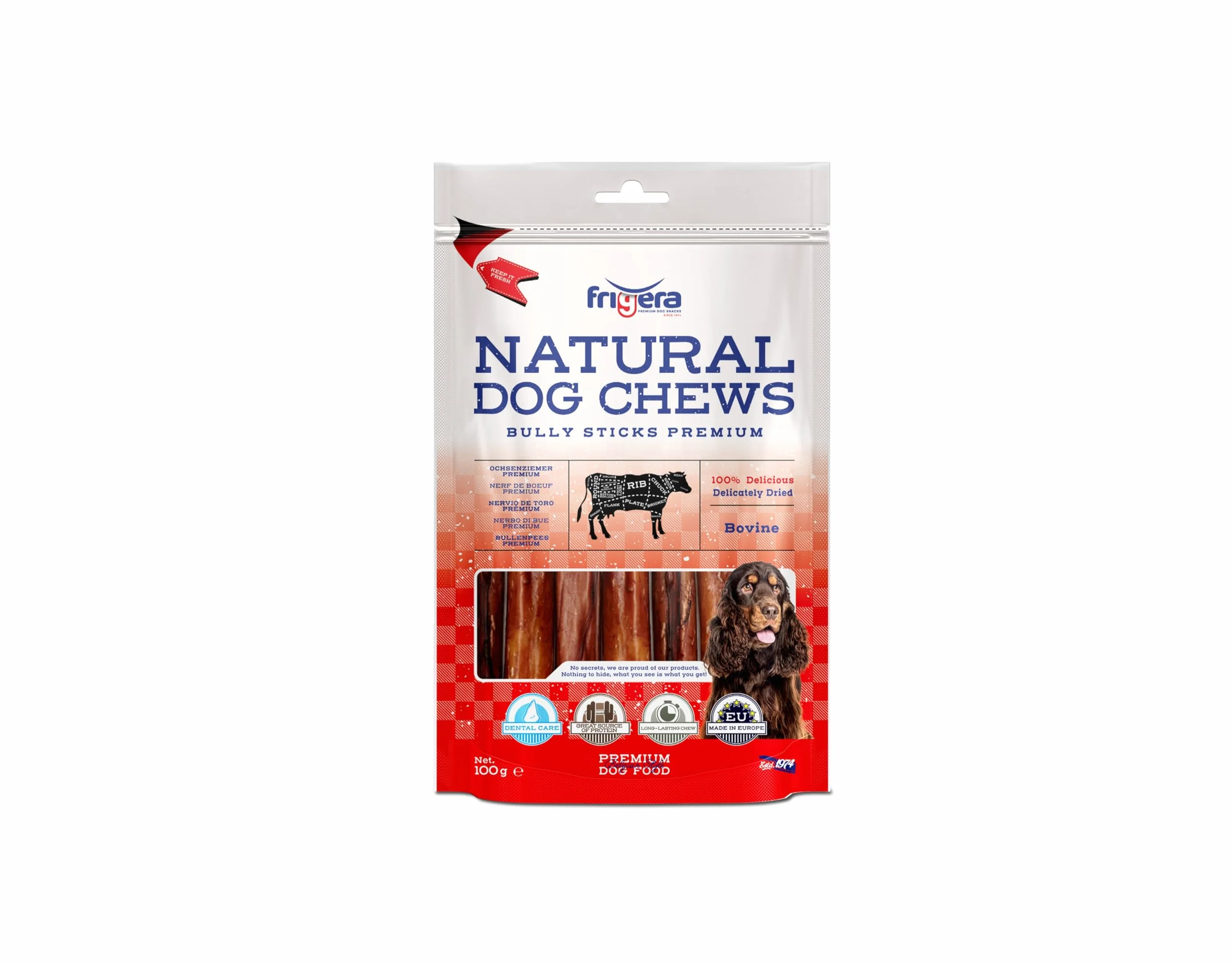 Frigera Cuccia di bue di alta qualità, 15 cm, 100 g, manzo, naturale, ricco di proteine, per cani, senza glutine e cereali, a lunga durata.