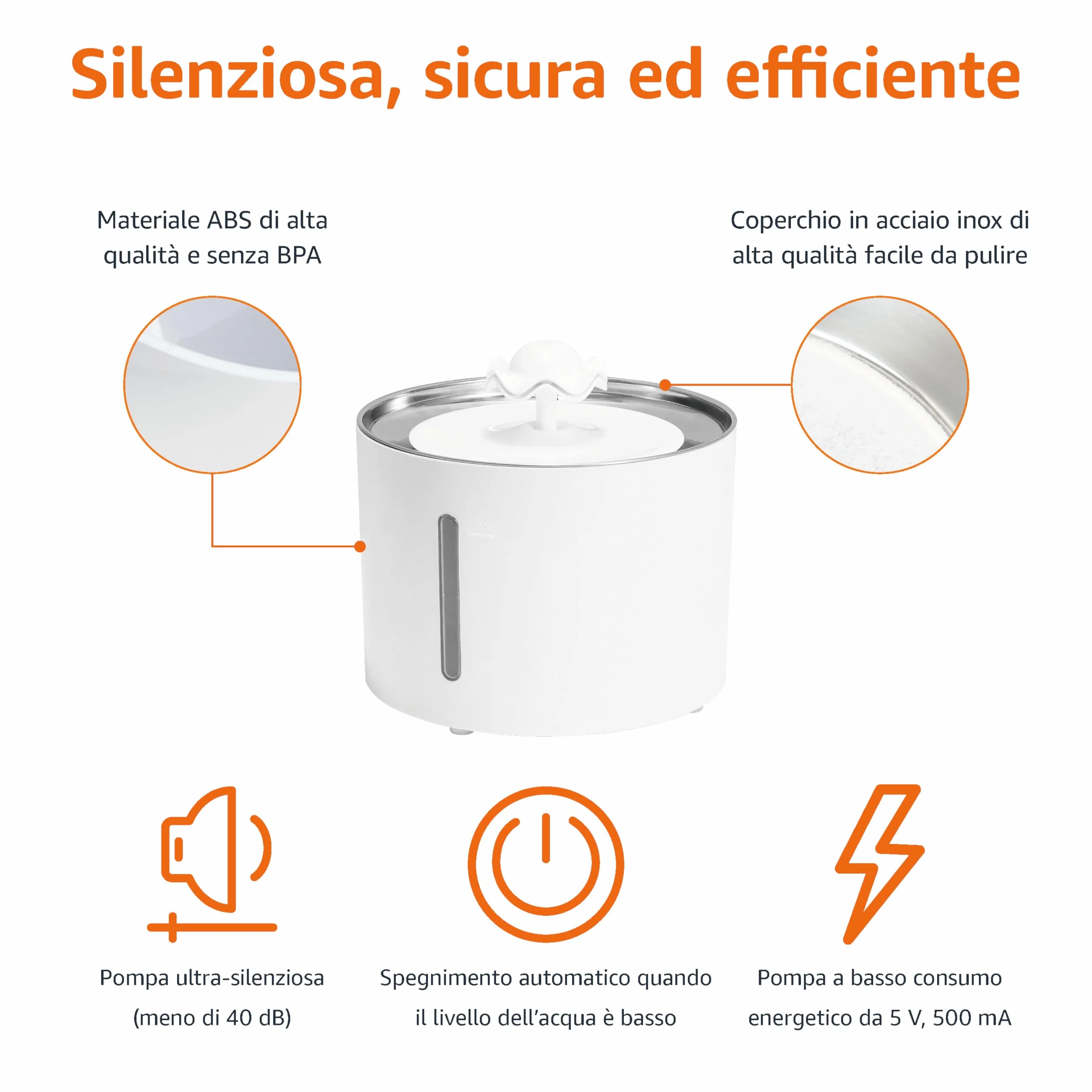 Amazon Basics Fontana d'acqua per gatti in acciaio inossidabile con 3 filtri, 3 L, Bianco