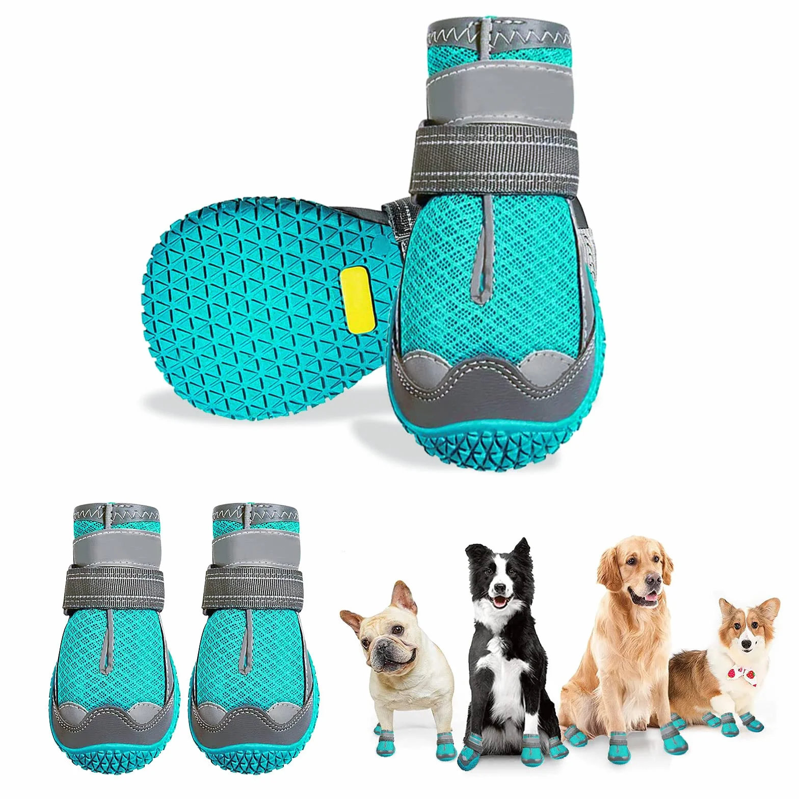 Stivali per Cani, 4pcs Scarpe per Cani Traspirante Antiscivolo con Cinghie Regolabili Riflettenti per Cani Piccola Taglia Media