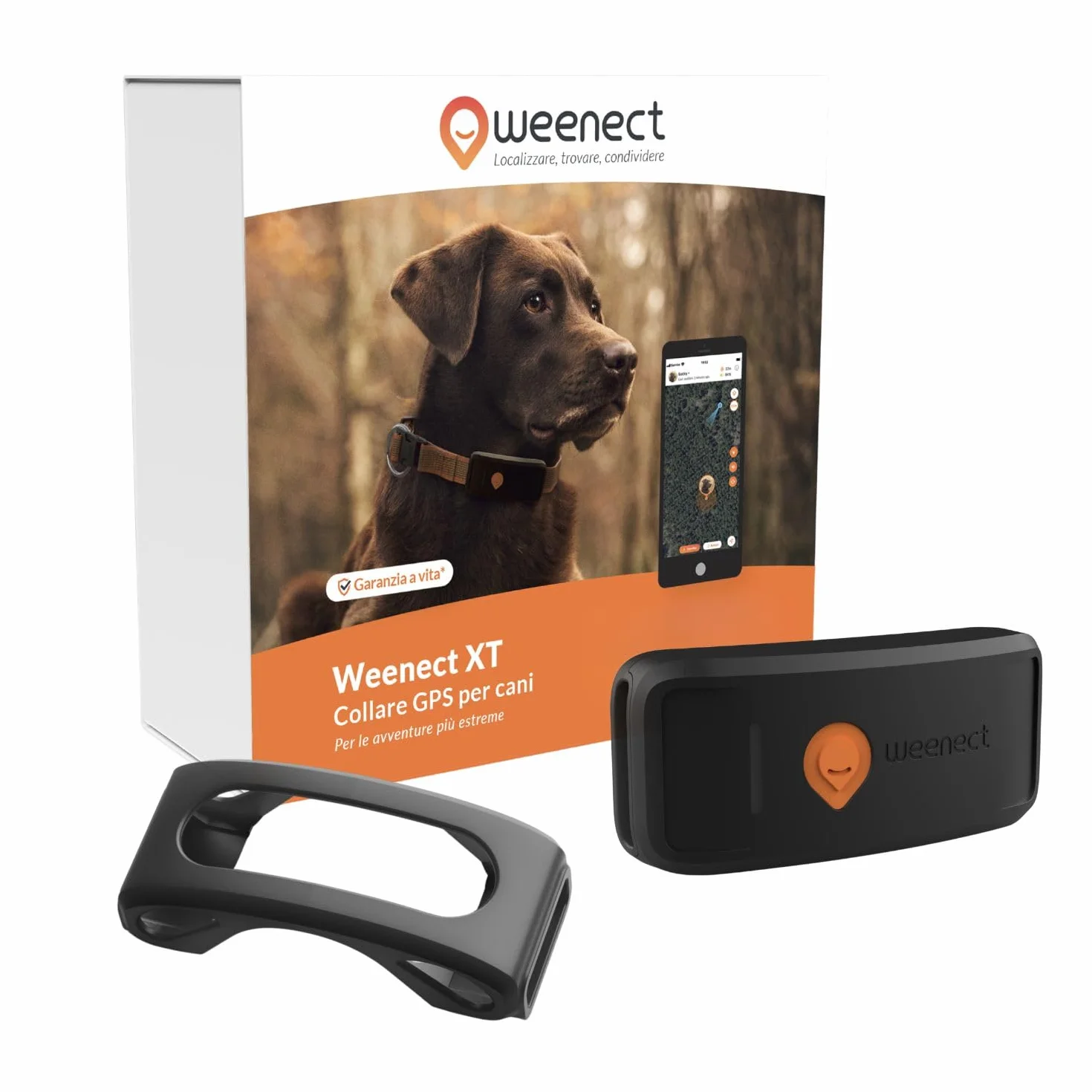 Weenect Cane XT - Localizzatore GPS per Cani Senza Collare | Impermeabile | Antenna XL | Portata Illimitata | Garanzia a Vita | Abbonamento Necessario