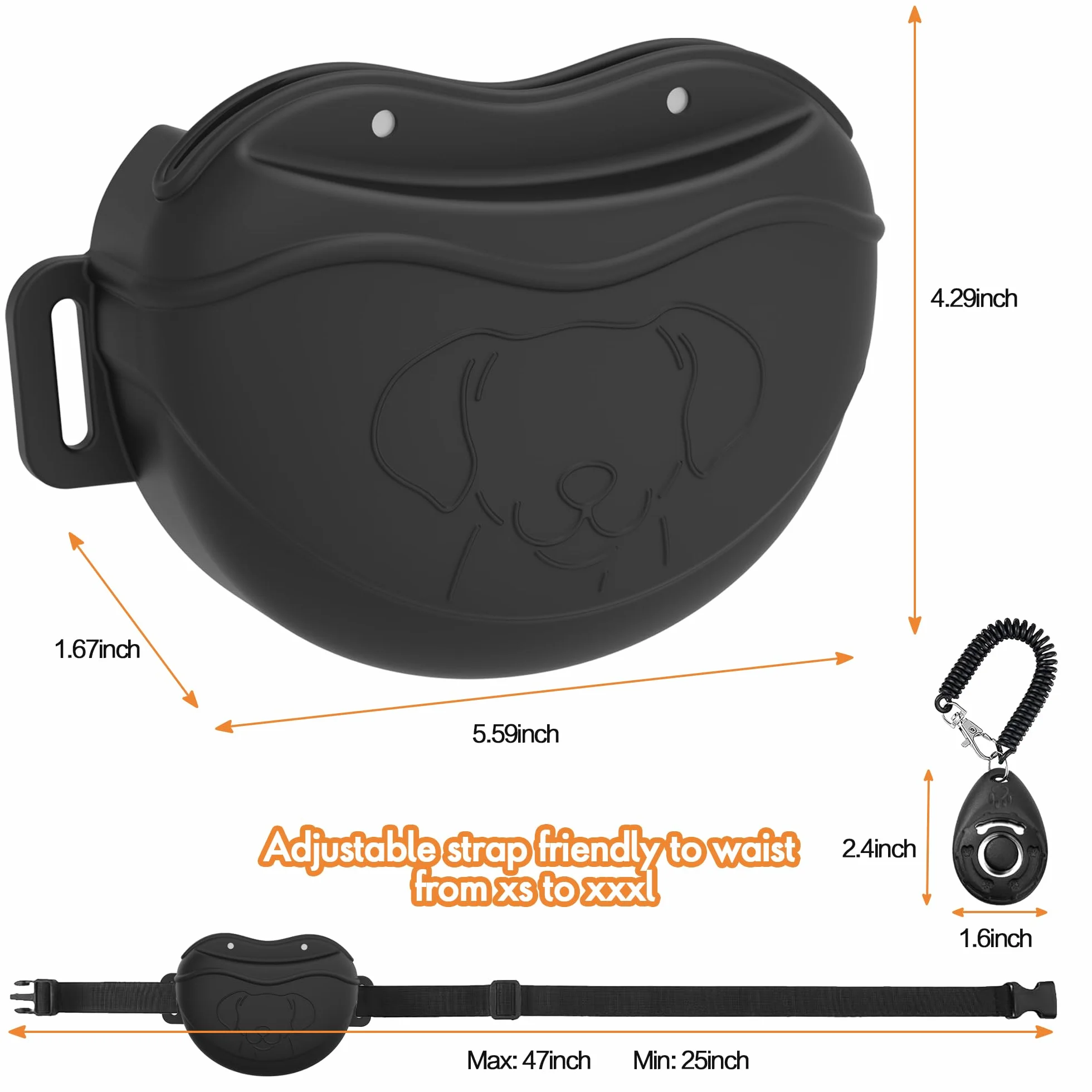 AWINNER Borsa per Cani in Silicone di Alta qualità, 4 potenti magneti, Chiusura Magnetica migliorata, Cintura Regolabile in Vita, Ideale per addestramento di Cuccioli, Passeggiate all'aperto (Nero)