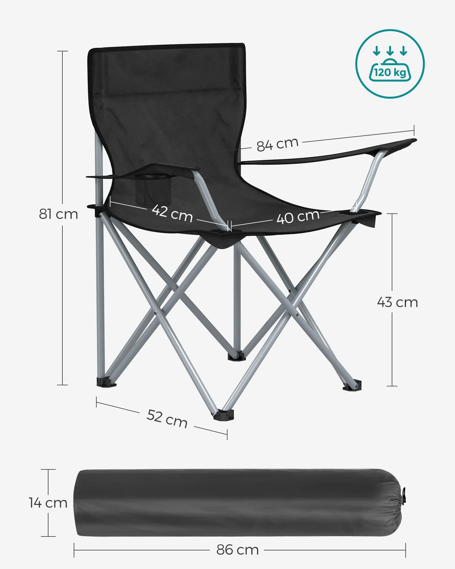 SONGMICS Sedie da Campeggio Set di 2 Pieghevole Portabile Braccioli Portabicchiere Portante 120 kg Nero GCB01BK
