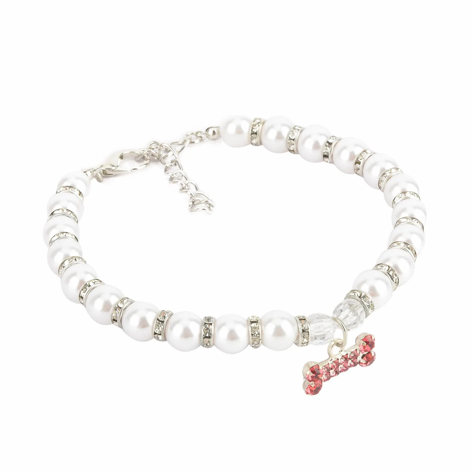 PAIDEFUL Collana per cani di piccola taglia con perline di perle e ciondolo osso diamante gioiello regolabile leggero rosa M