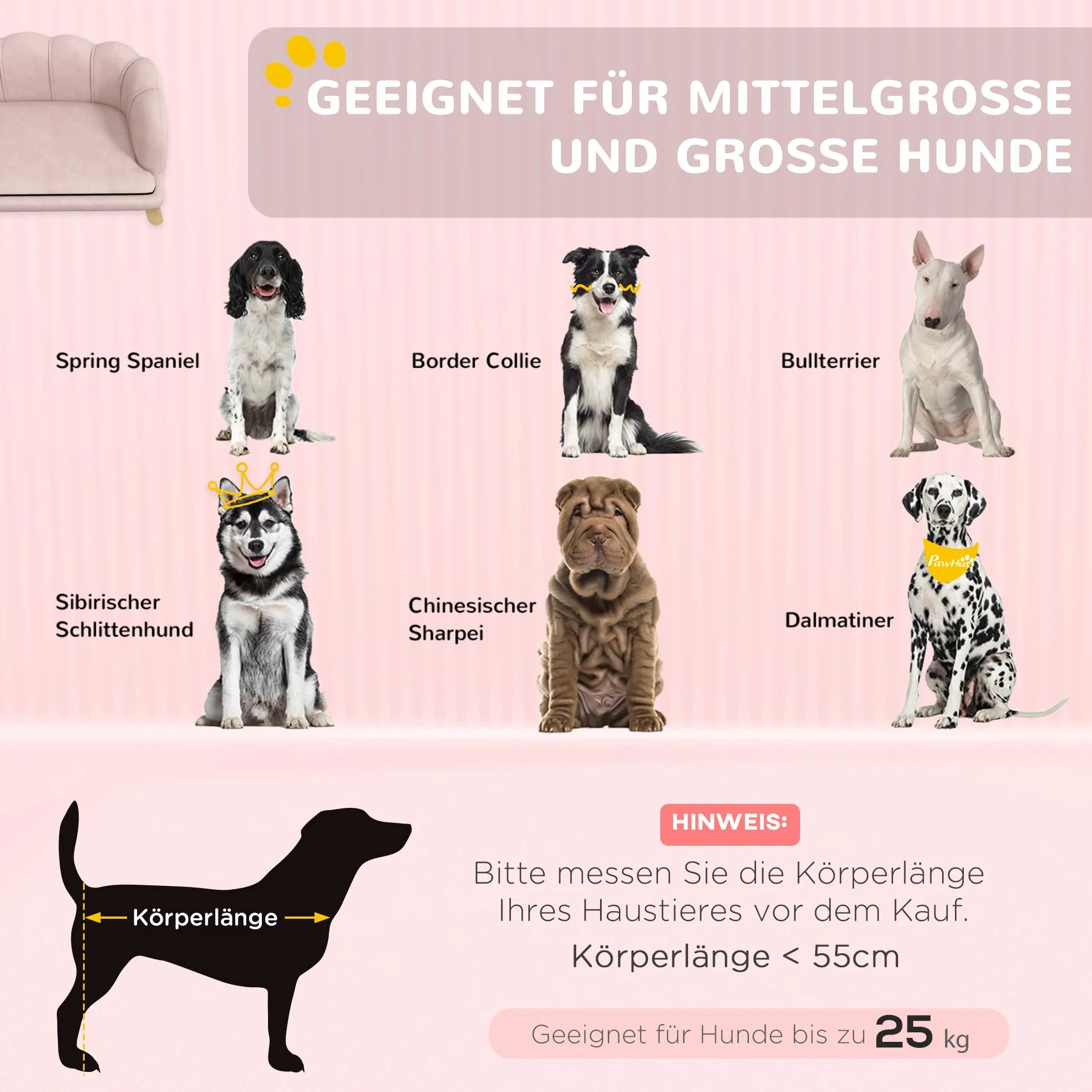 PawHut Divano per Cani, Rivestimento Lavabile, Divano per Animali Domestici con Schienale e Gambe in Legno, Divano per Gatti, per Cani di Taglia Media sotto i 25 kg, Rosa