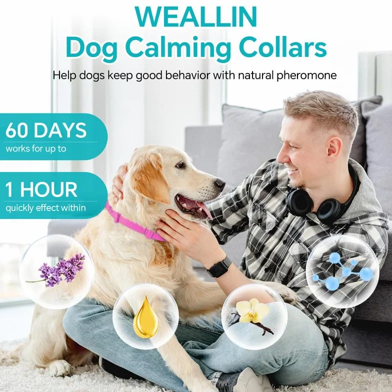 WEALLIN Collare Calmante per Cani Anti-Ansia Regolabile Impermeabile Naturale Feromoni 60 Giorni 2pz Rosa